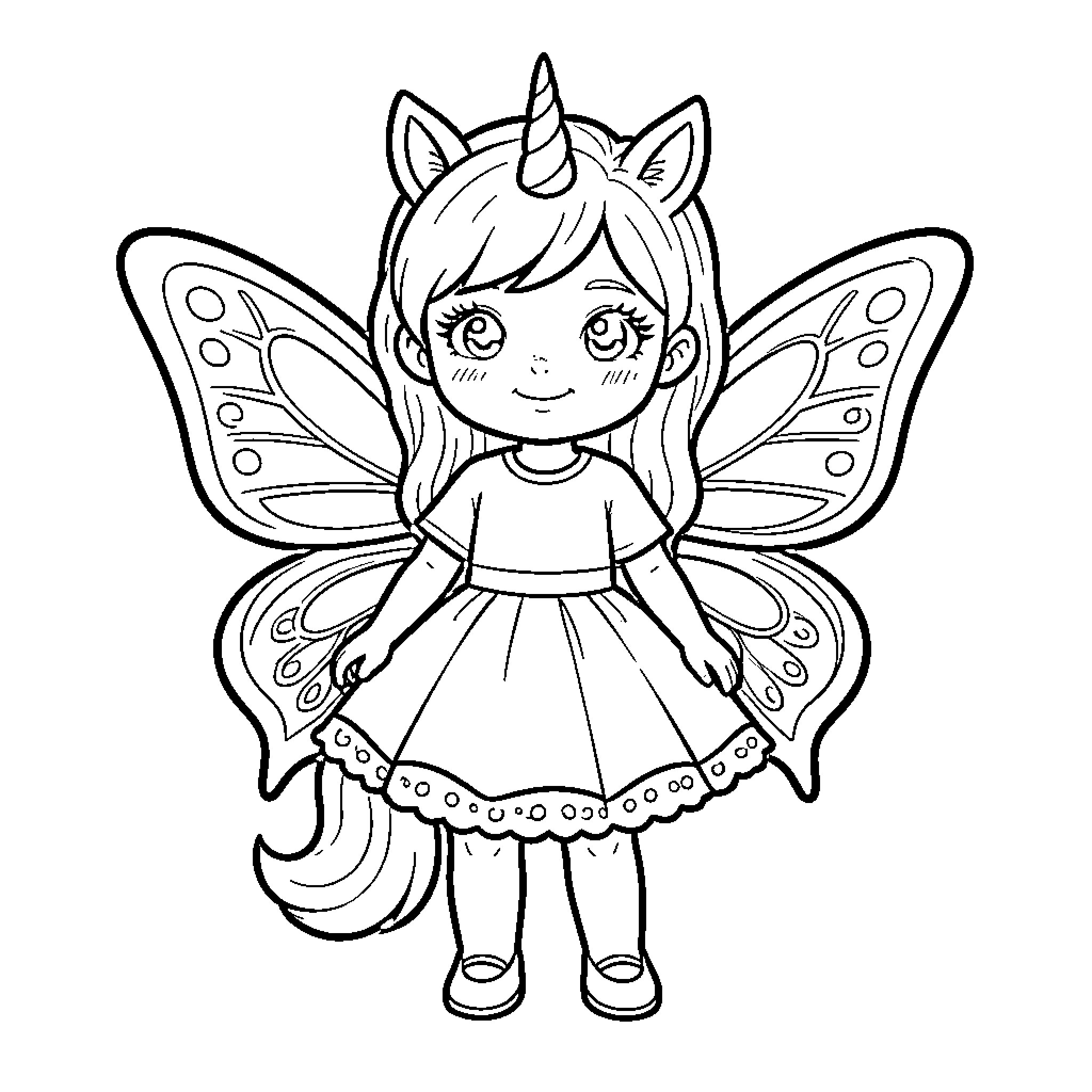 Fille with unicorn horn and large butterfly wings Coloring Page (free black-and-white line drawing printable PDF for all, from beginners to advanced learners, including children, teens, adults, and seniors)