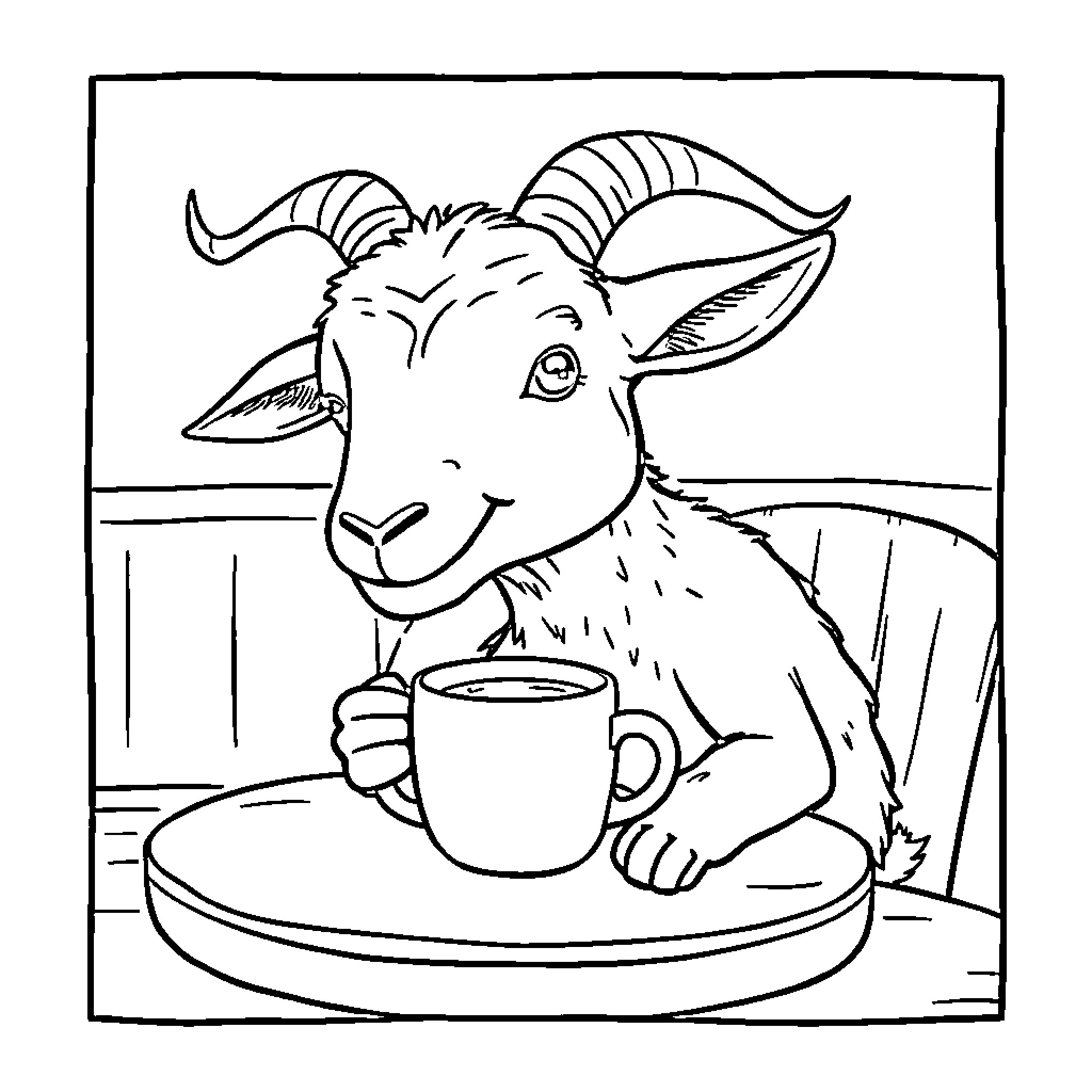 Goat enjoying a hot beverage Coloring Page (free black-and-white line drawing printable PDF for all, from beginners to advanced learners, including children, teens, adults, and seniors)
