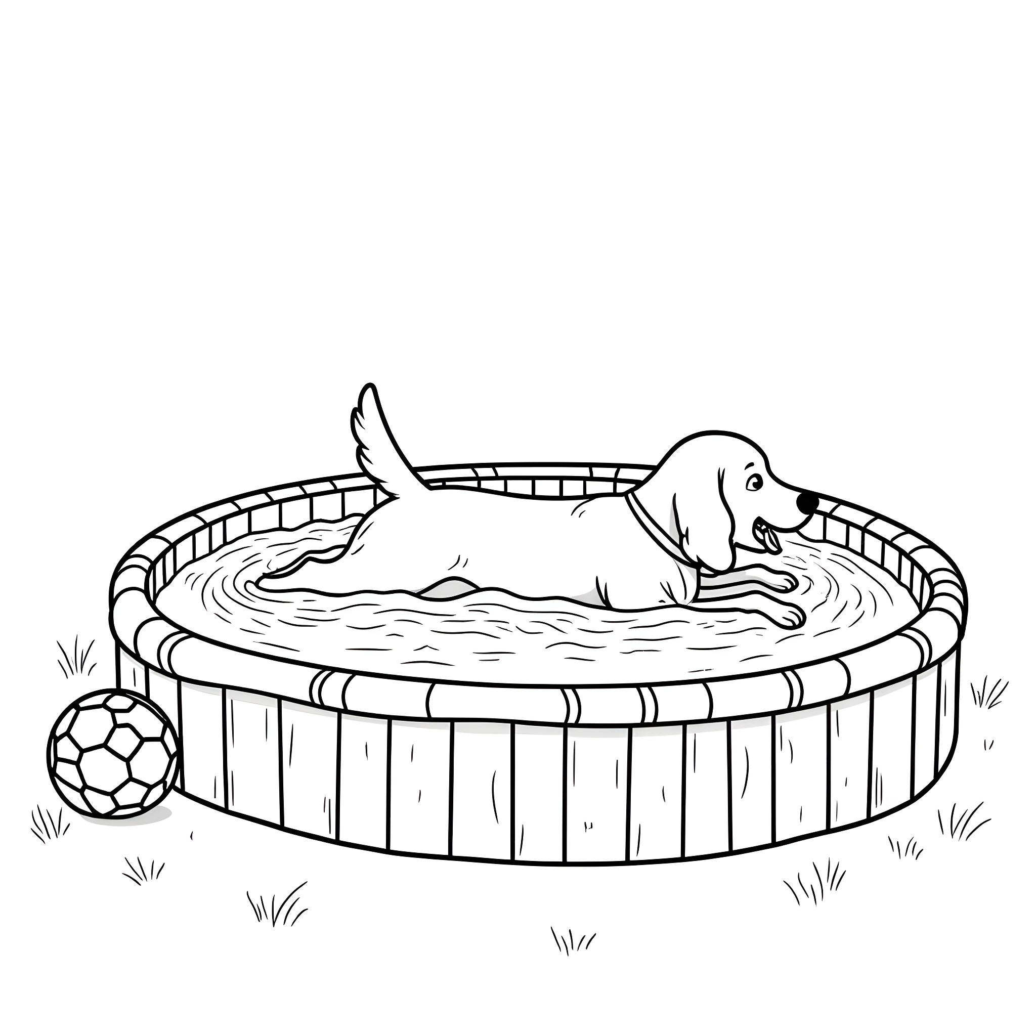 Dog swimming happily in a paddling pool Coloring Page (free black-and-white line drawing printable PDF for all, from beginners to advanced learners, including children, teens, adults, and seniors)