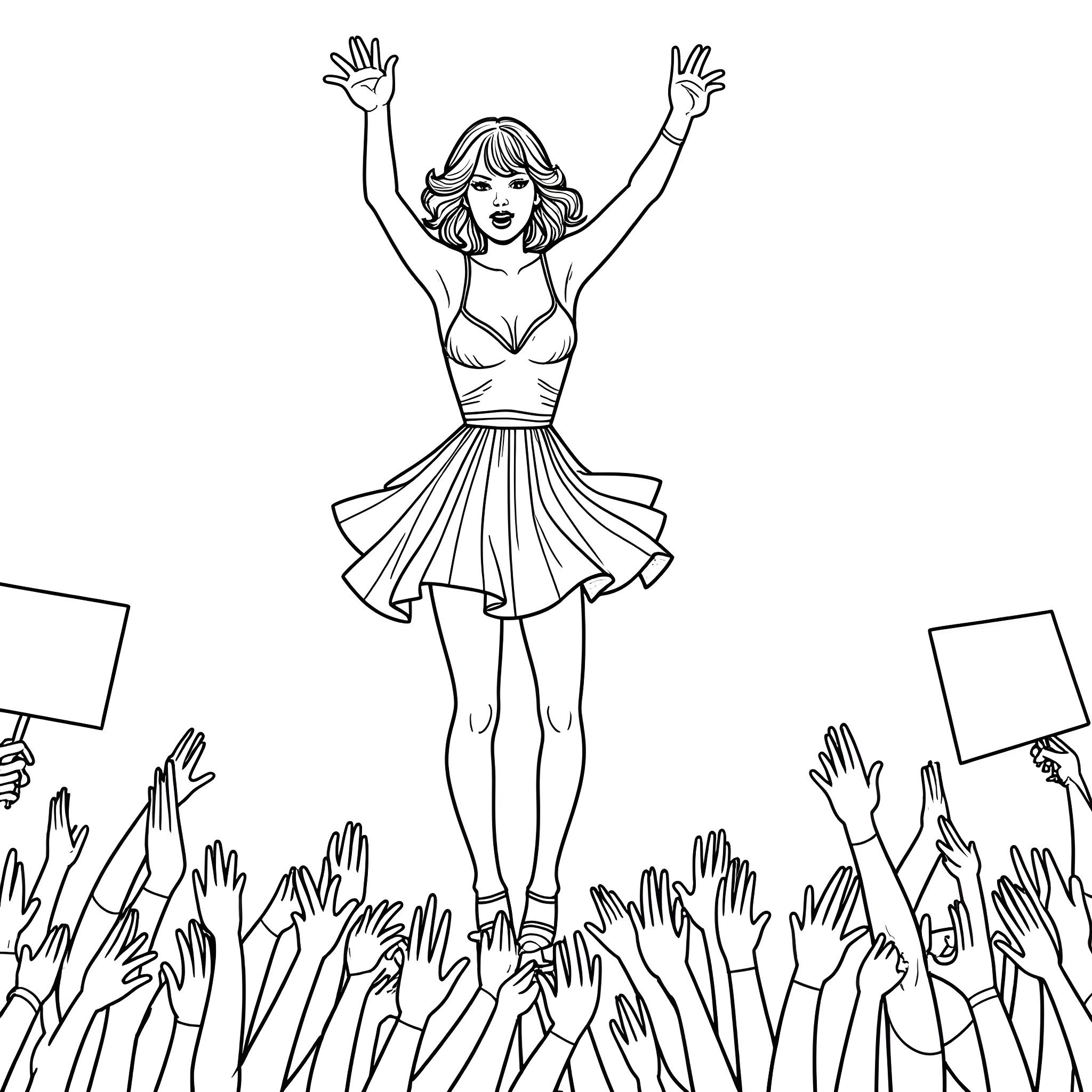 Taylor Swift performing enthusiastically on stage Coloring Page (free black-and-white line drawing printable PDF for all, from beginners to advanced learners, including children, teens, adults, and seniors)