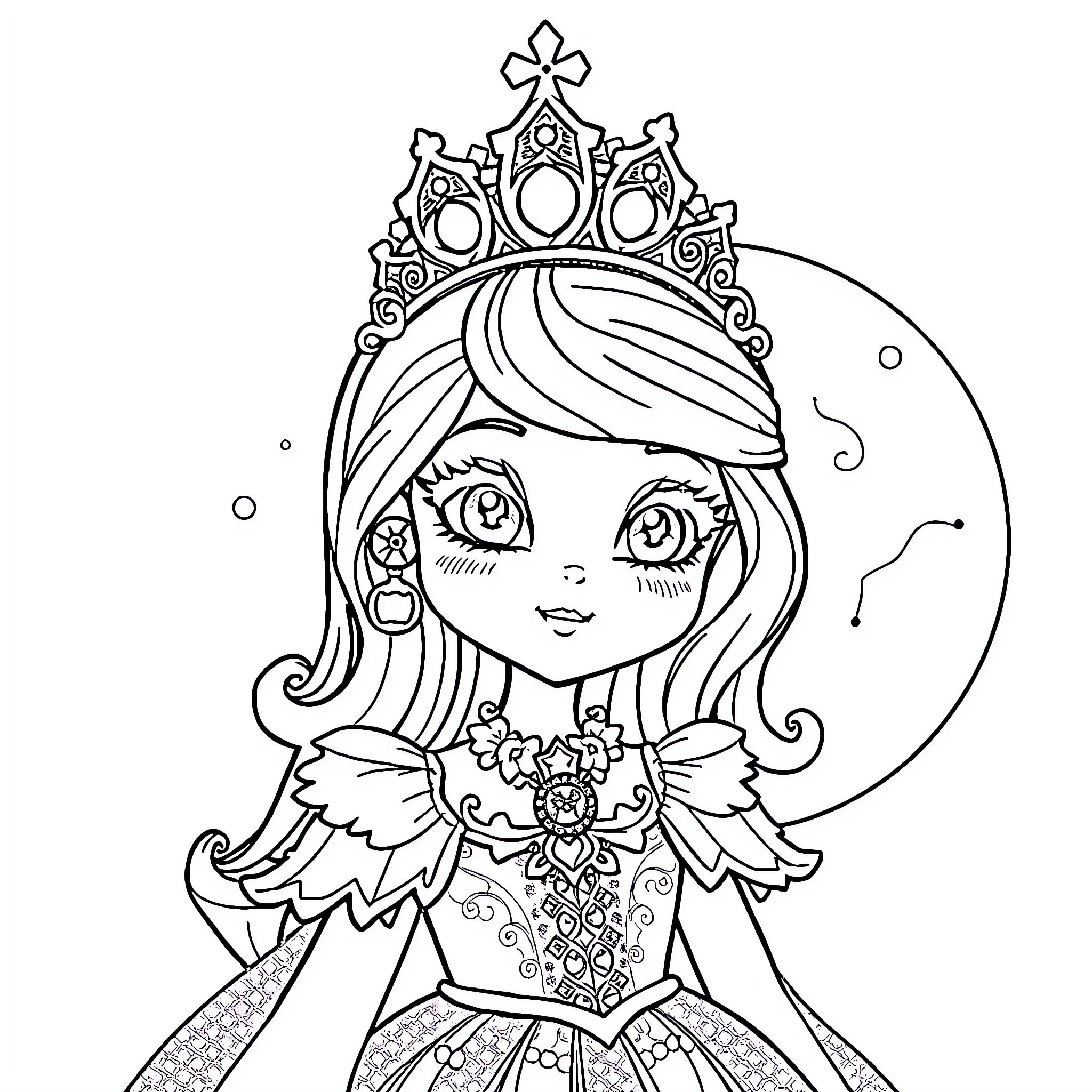 Princess in Ornate Dress and Crown Coloring Page (free black-and-white line drawing printable PDF for all, from beginners to advanced learners, including children, teens, adults, and seniors)