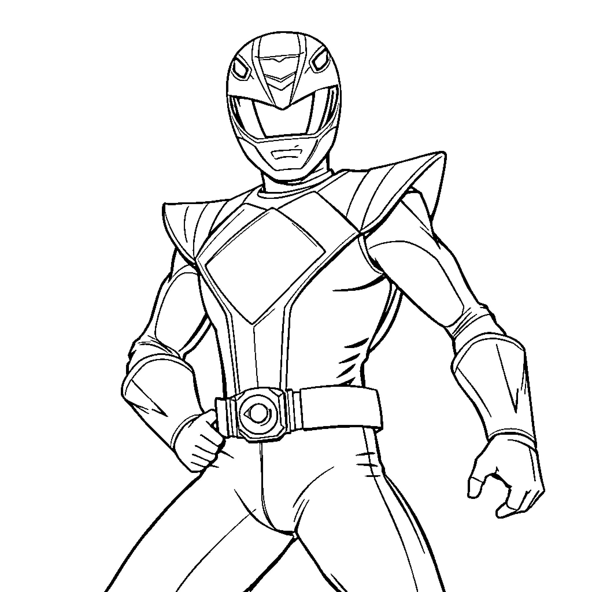 Power Ranger in Fighting Stance Coloring Page (free black-and-white line drawing printable PDF for all, from beginners to advanced learners, including children, teens, adults, and seniors)