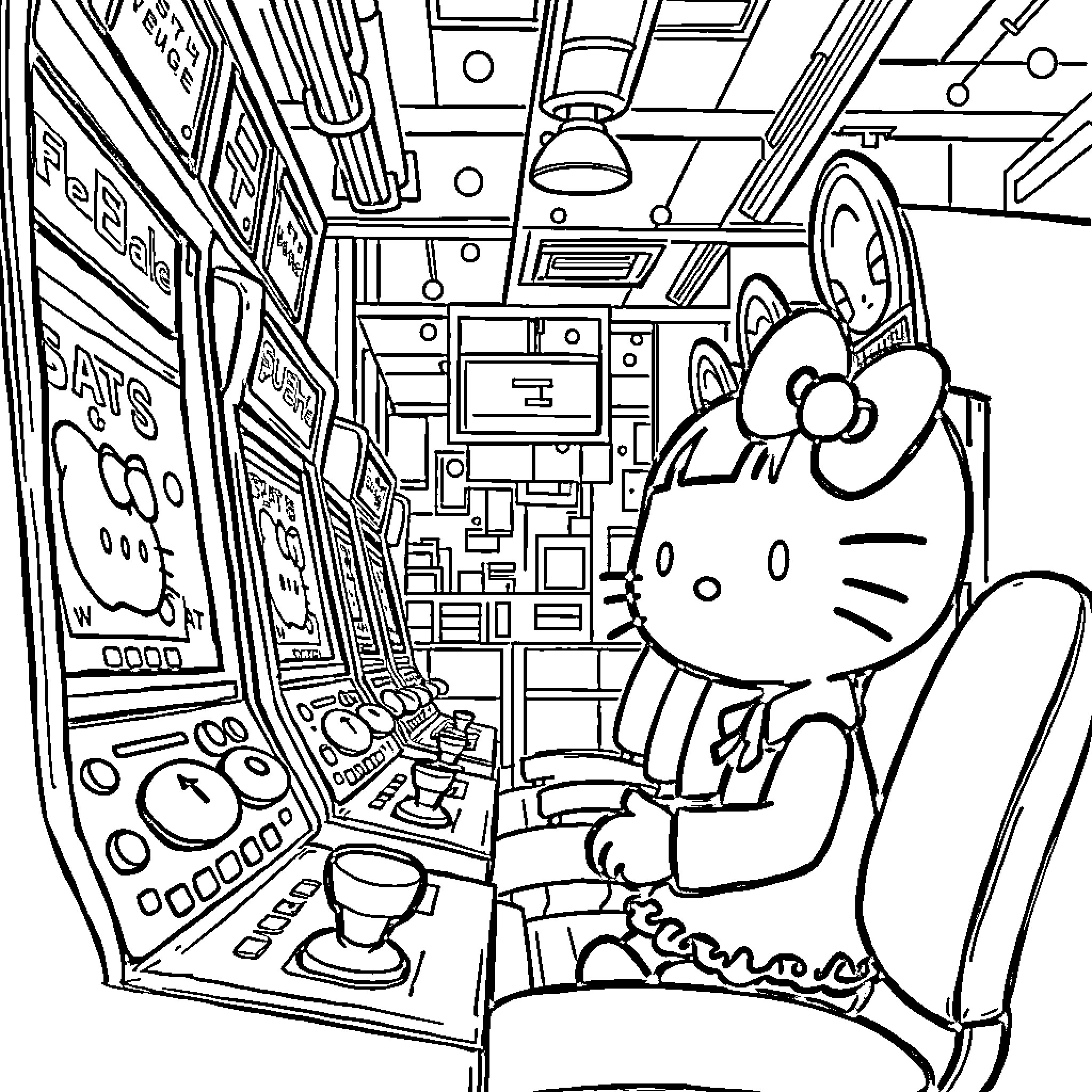 Kuromi exploring the colorful arcade world Coloring Page (free black-and-white line drawing printable PDF for all, from beginners to advanced learners, including children, teens, adults, and seniors)
