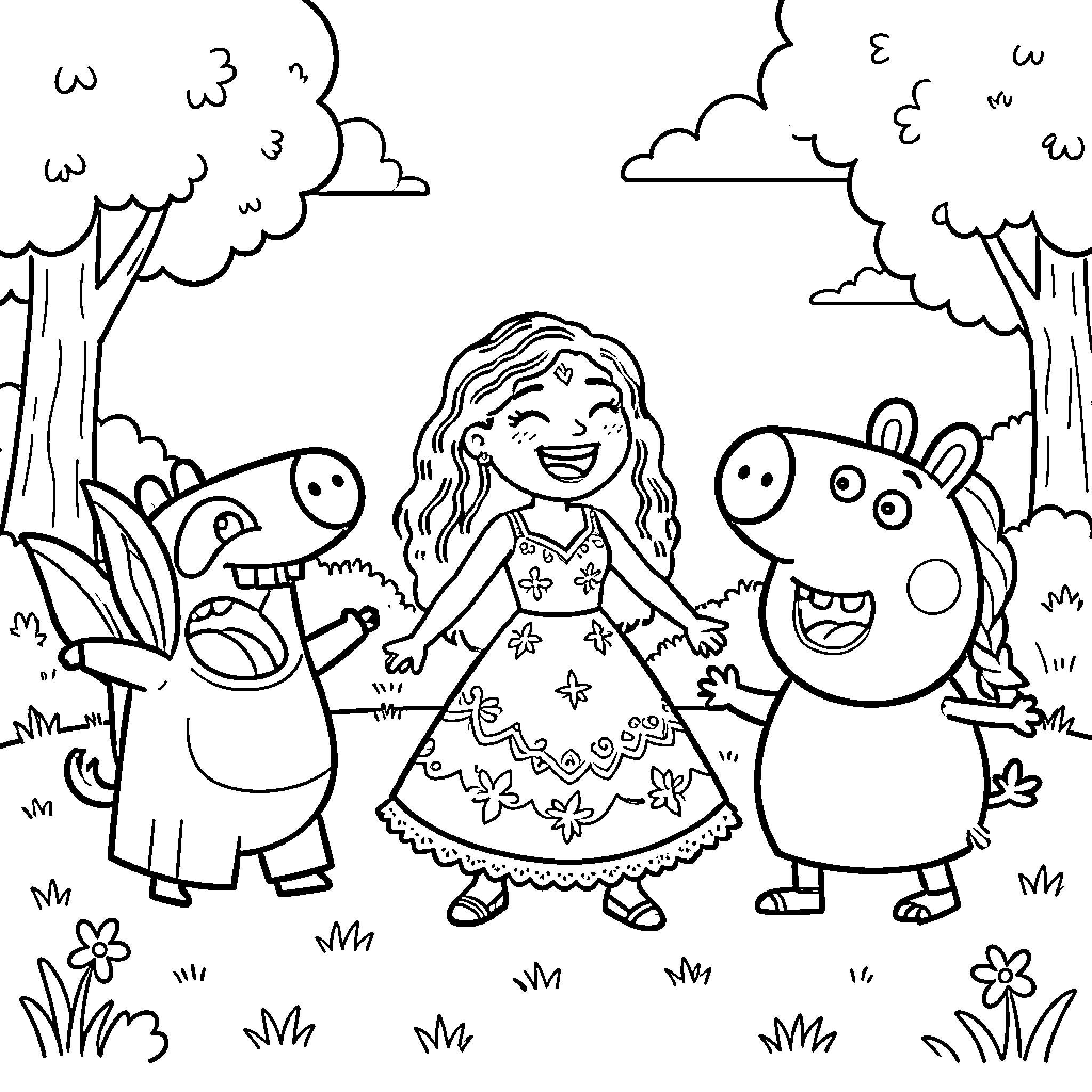 Character laughing joyfully with two animal friends outdoors Coloring Page (free black-and-white line drawing printable PDF for all, from beginners to advanced learners, including children, teens, adults, and seniors)