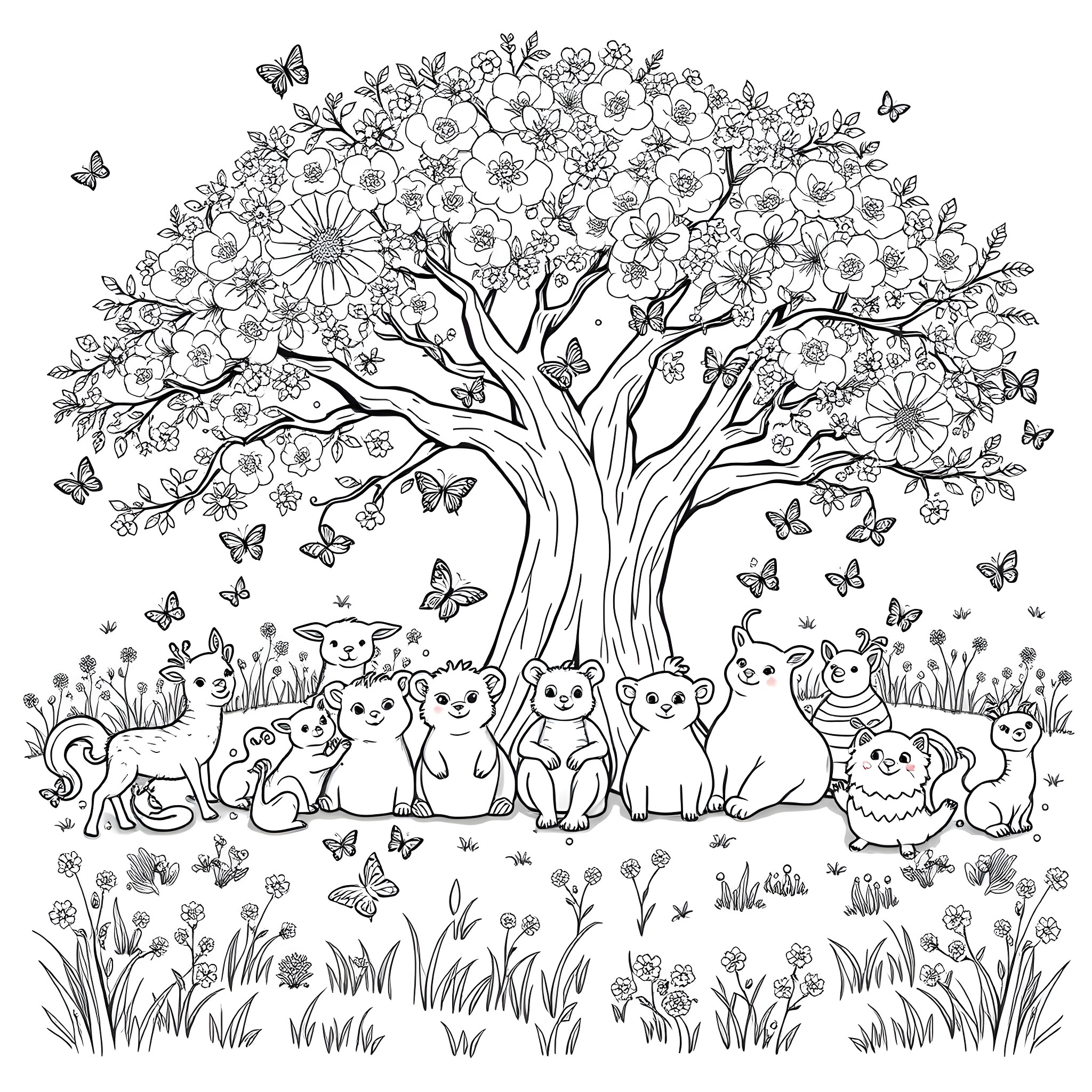 Animal Harmony in the Floral Wonderland Coloring Page (free black-and-white line drawing printable PDF for all, from beginners to advanced learners, including children, teens, adults, and seniors)