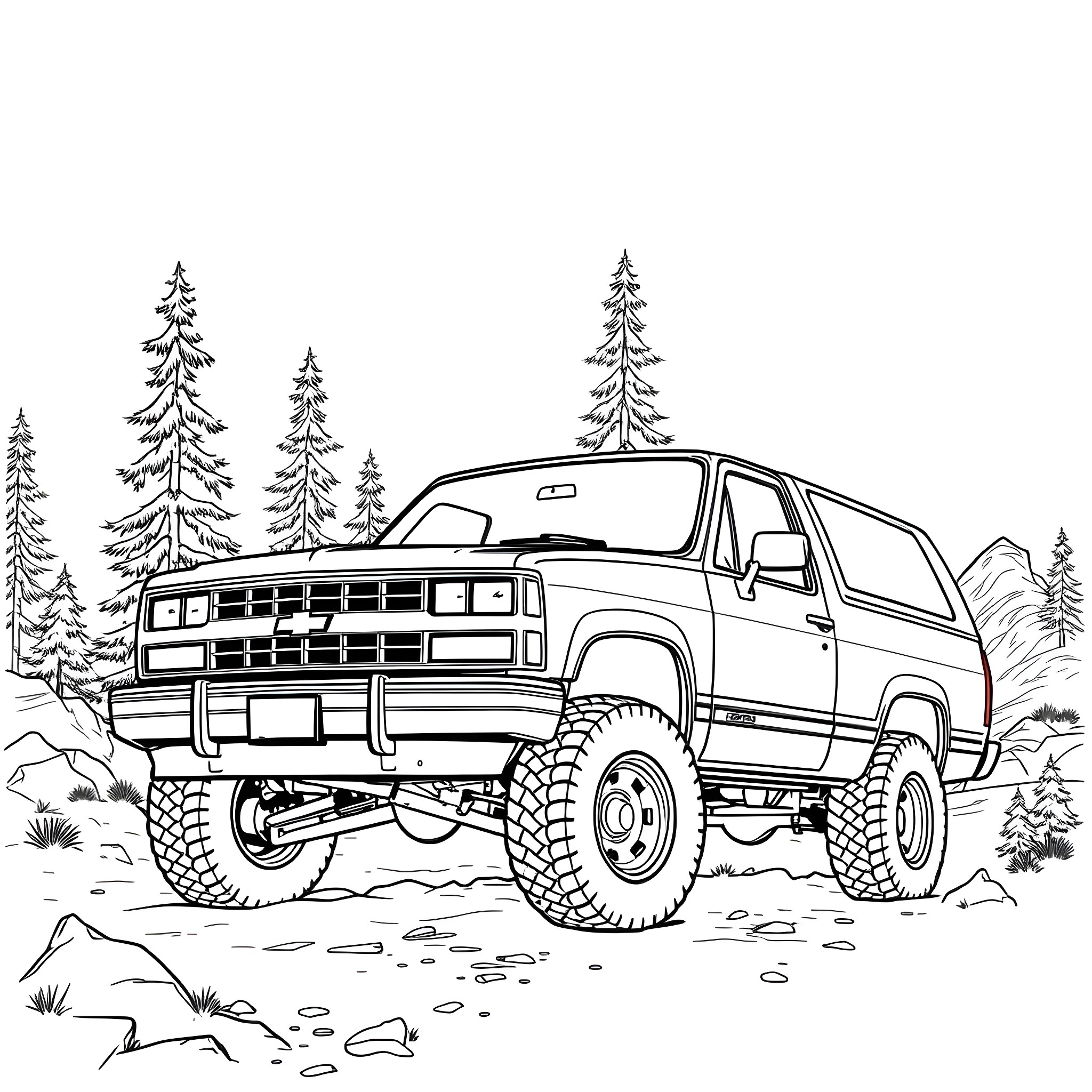 Chevy Blazer off-roading in the wilderness Coloring Page (free black-and-white line drawing printable PDF for all, from beginners to advanced learners, including children, teens, adults, and seniors)