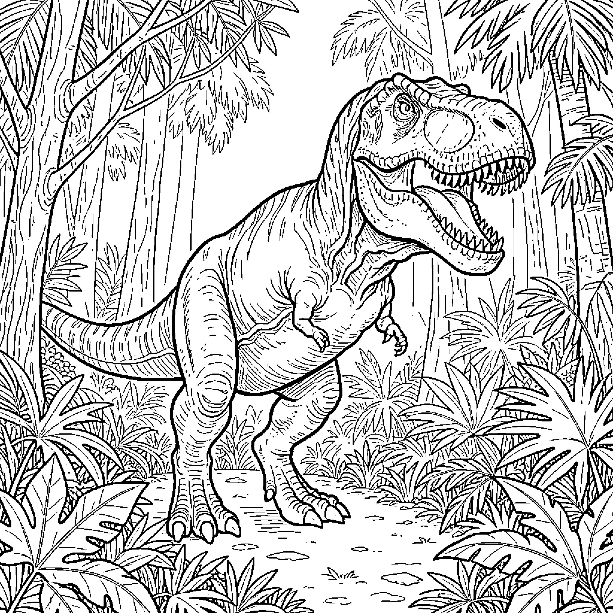 Tyrannosaurus Stomping Through Lush Jungle Landscape Coloring Page (free black-and-white line drawing printable PDF for all, from beginners to advanced learners, including children, teens, adults, and seniors)