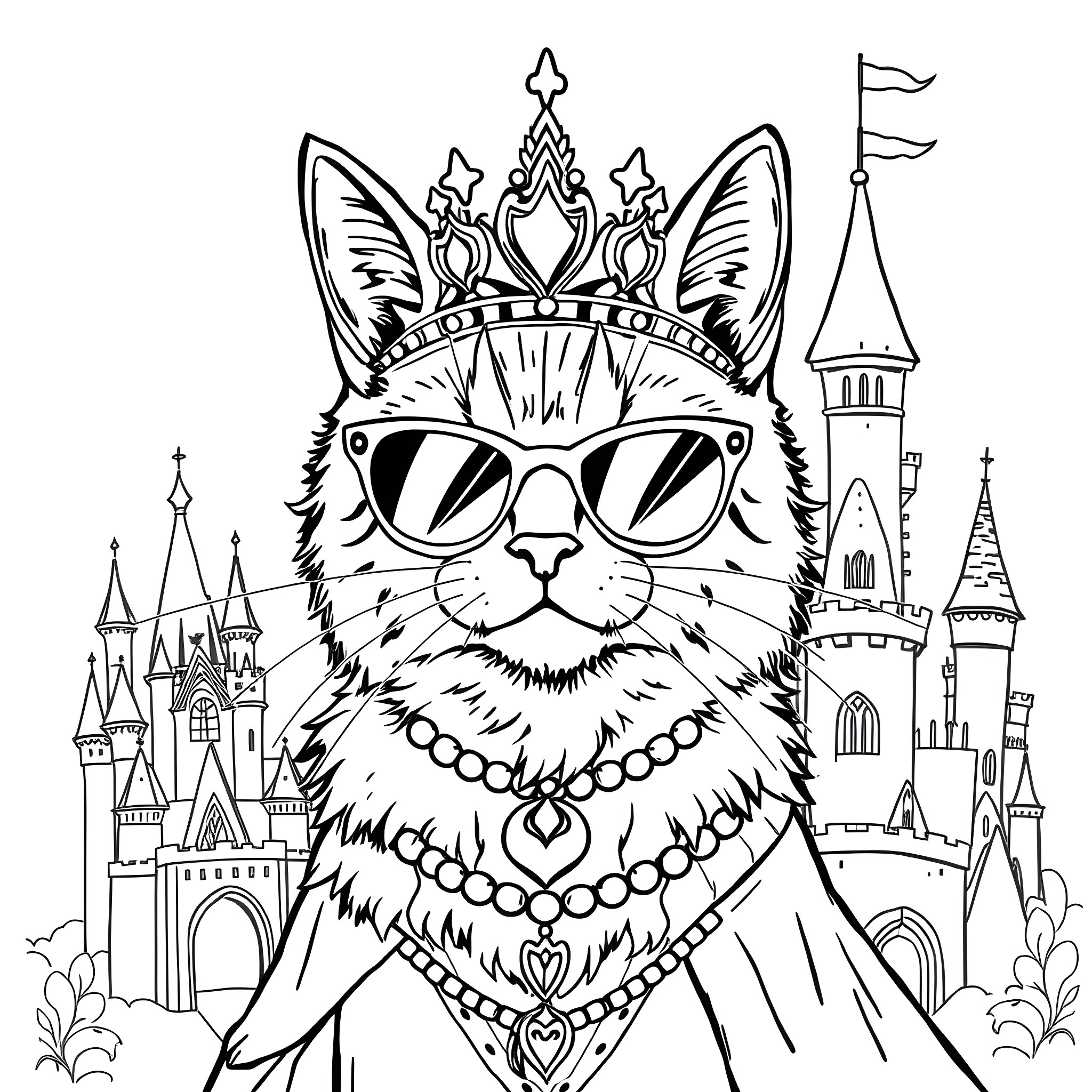 Cat in Elegant Crown and Sunglasses in Enchanted Castle Coloring Page (free black-and-white line drawing printable PDF for all, from beginners to advanced learners, including children, teens, adults, and seniors)