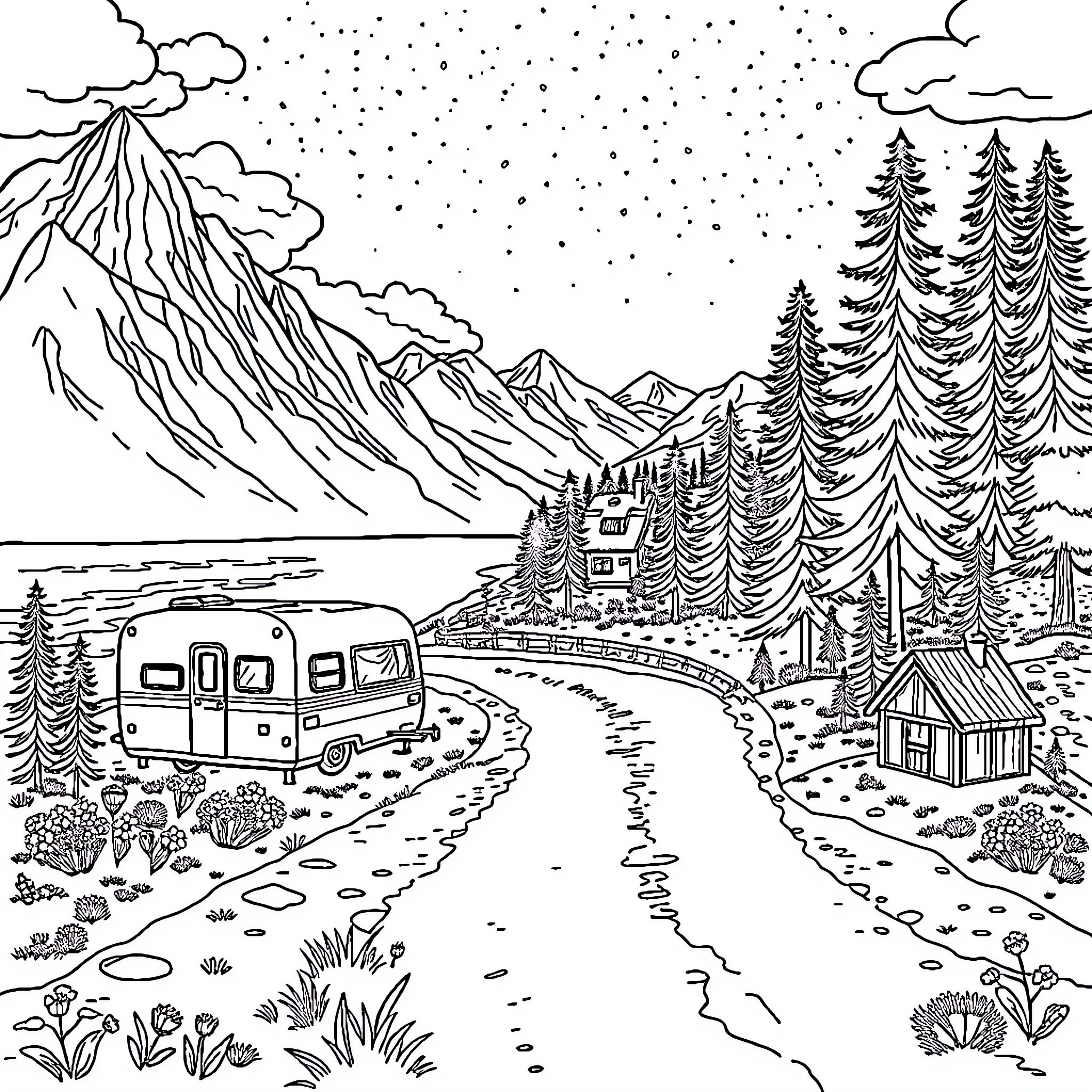 Road Trip to a Snowy Mountain Retreat Coloring Page (free black-and-white line drawing printable PDF for all, from beginners to advanced learners, including children, teens, adults, and seniors)