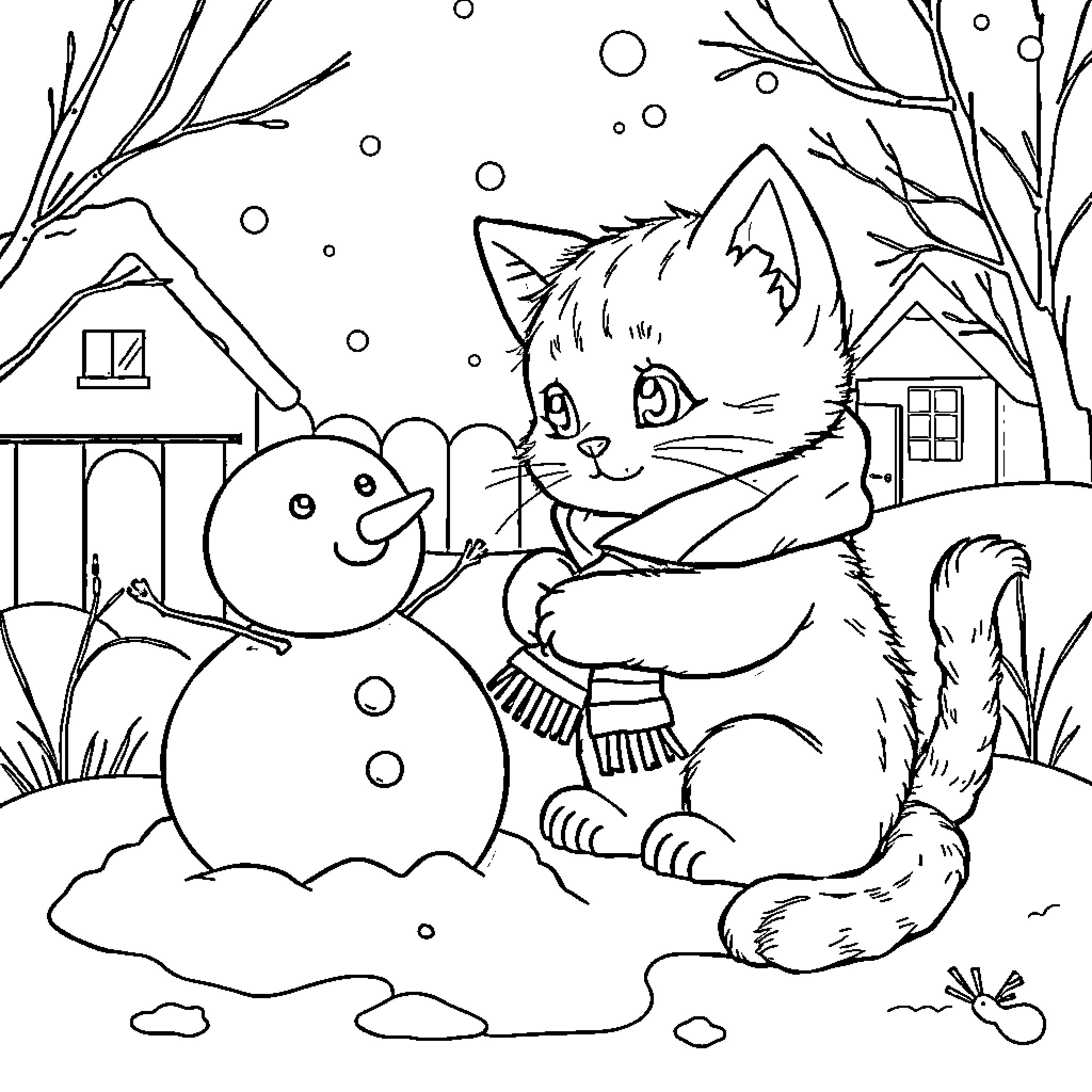 Kitty enjoying the snowy winter day Coloring Page (free black-and-white line drawing printable PDF for all, from beginners to advanced learners, including children, teens, adults, and seniors)