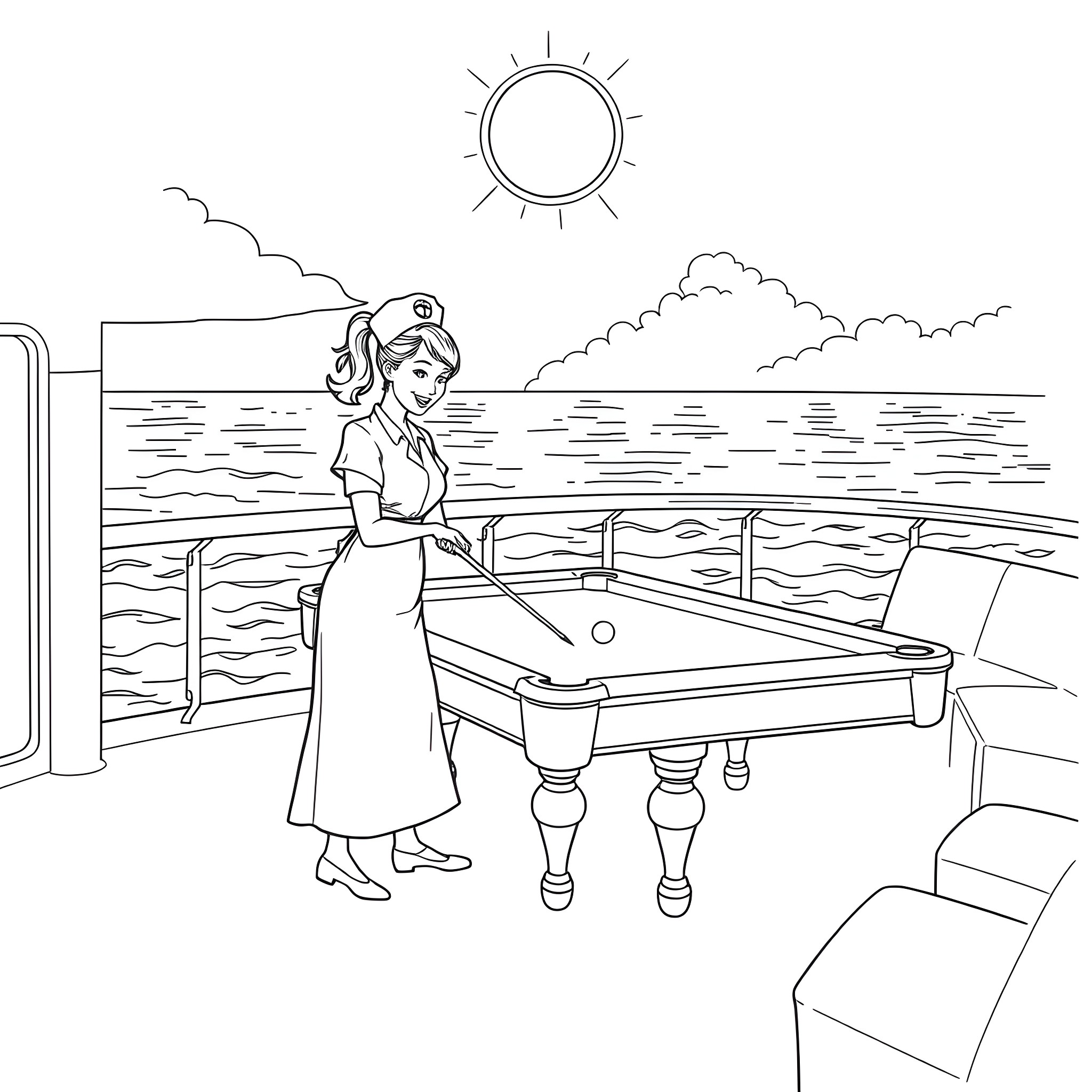 Nurse Assisting Patient on a Hospital Ship Coloring Page (free black-and-white line drawing printable PDF for all, from beginners to advanced learners, including children, teens, adults, and seniors)