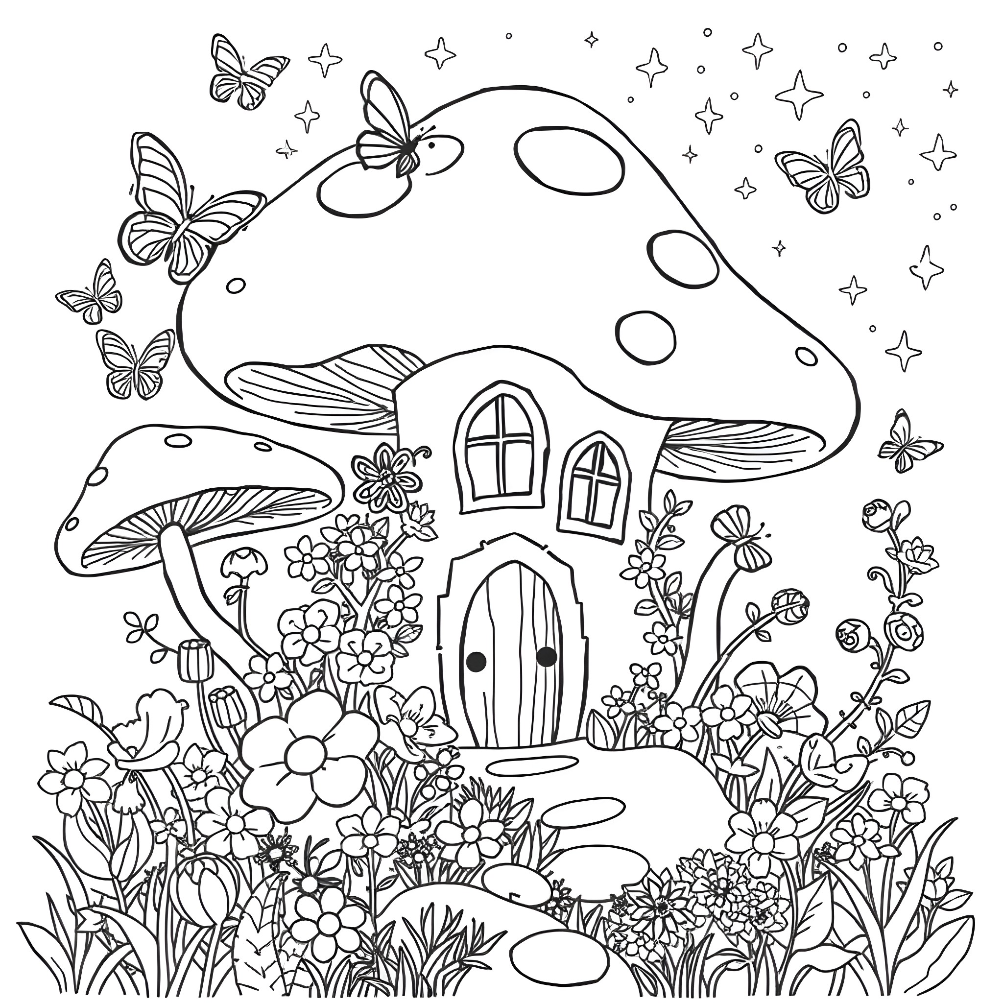 Fairy House with Whimsical Details and Flowers Coloring Page (free black-and-white line drawing printable PDF for all, from beginners to advanced learners, including children, teens, adults, and seniors)