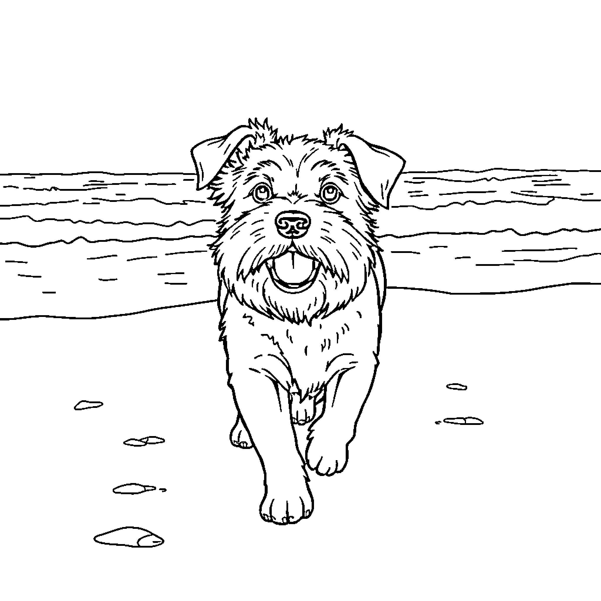 Dog playing joyfully in the water Coloring Page (free black-and-white line drawing printable PDF for all, from beginners to advanced learners, including children, teens, adults, and seniors)