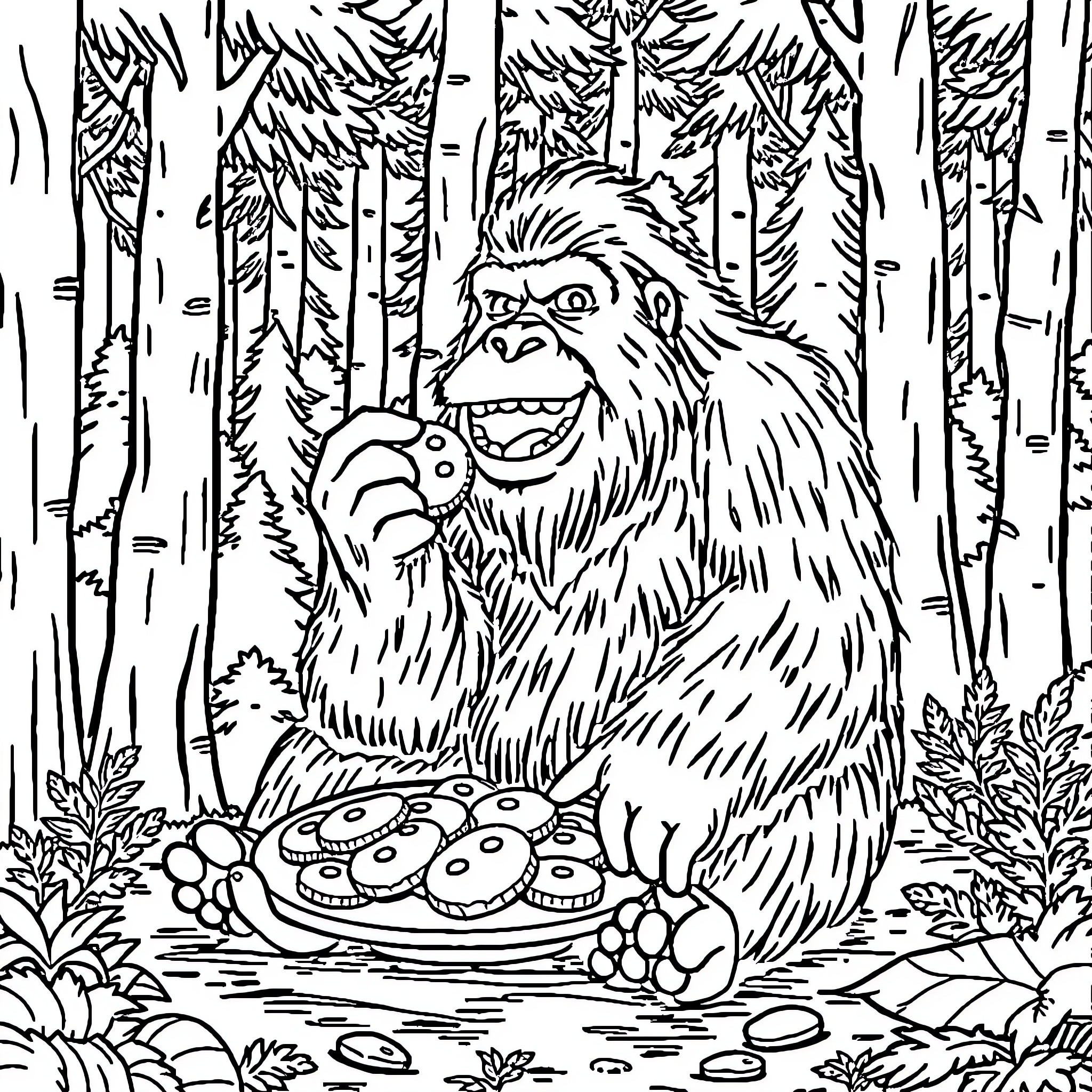 Bigfoot Enjoying a Mushroom Feast in the Forest Coloring Page (free black-and-white line drawing printable PDF for all, from beginners to advanced learners, including children, teens, adults, and seniors)