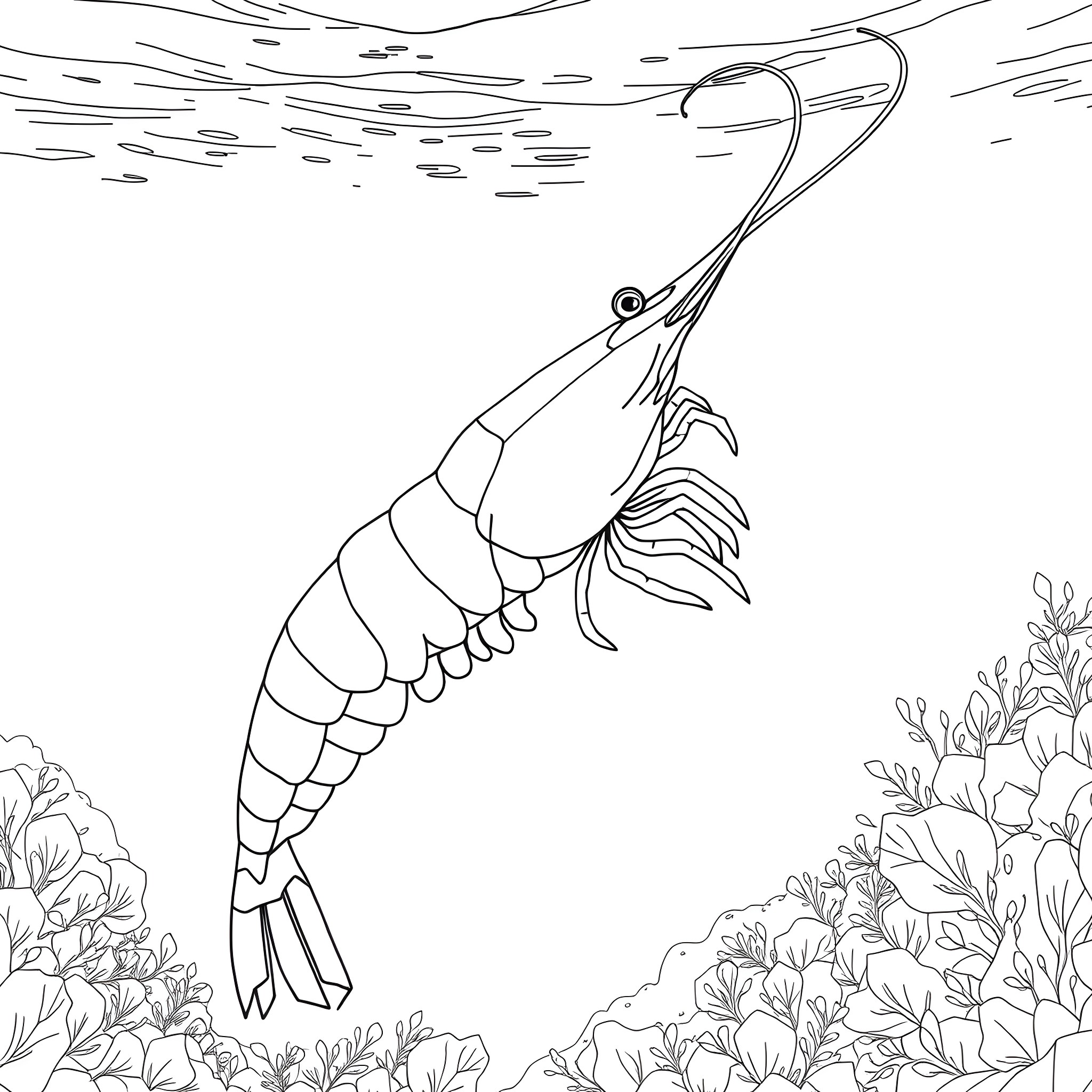 Shrimp swimming underwater in an underwater scene Coloring Page (free black-and-white line drawing printable PDF for all, from beginners to advanced learners, including children, teens, adults, and seniors)