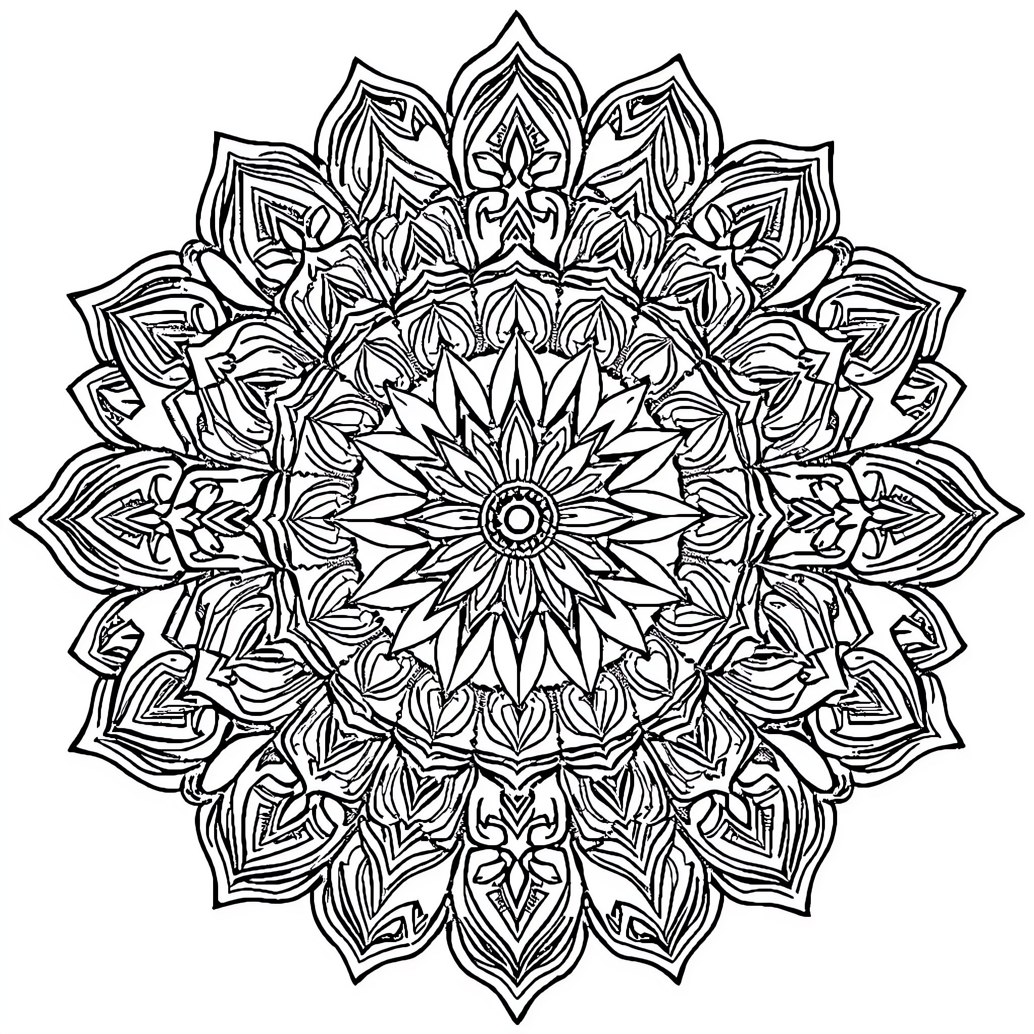 Mandala with Intricate Floral Patterns and Radial Design Coloring Page (free black-and-white line drawing printable PDF for all, from beginners to advanced learners, including children, teens, adults, and seniors)