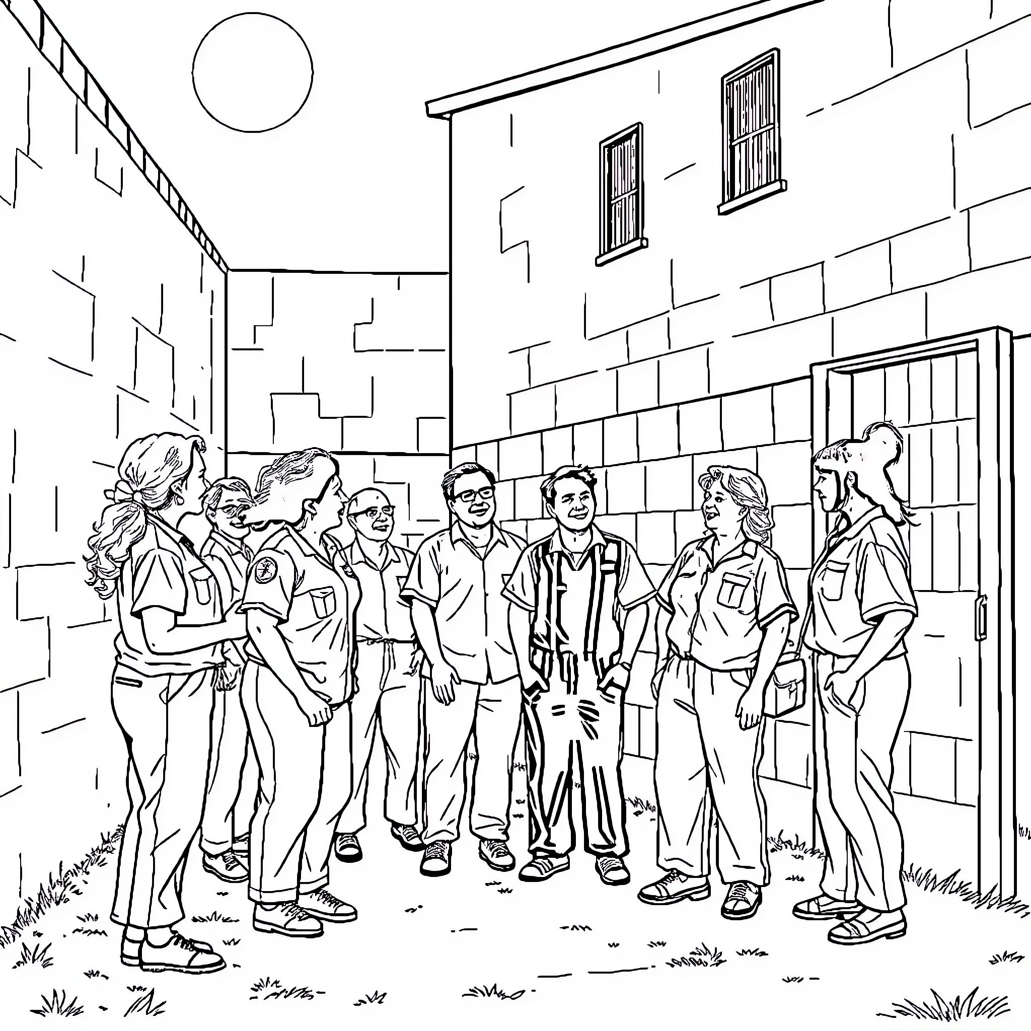 Orange is the New Black: A Diverse Group of Inmates Coloring Page (free black-and-white line drawing printable PDF for all, from beginners to advanced learners, including children, teens, adults, and seniors)
