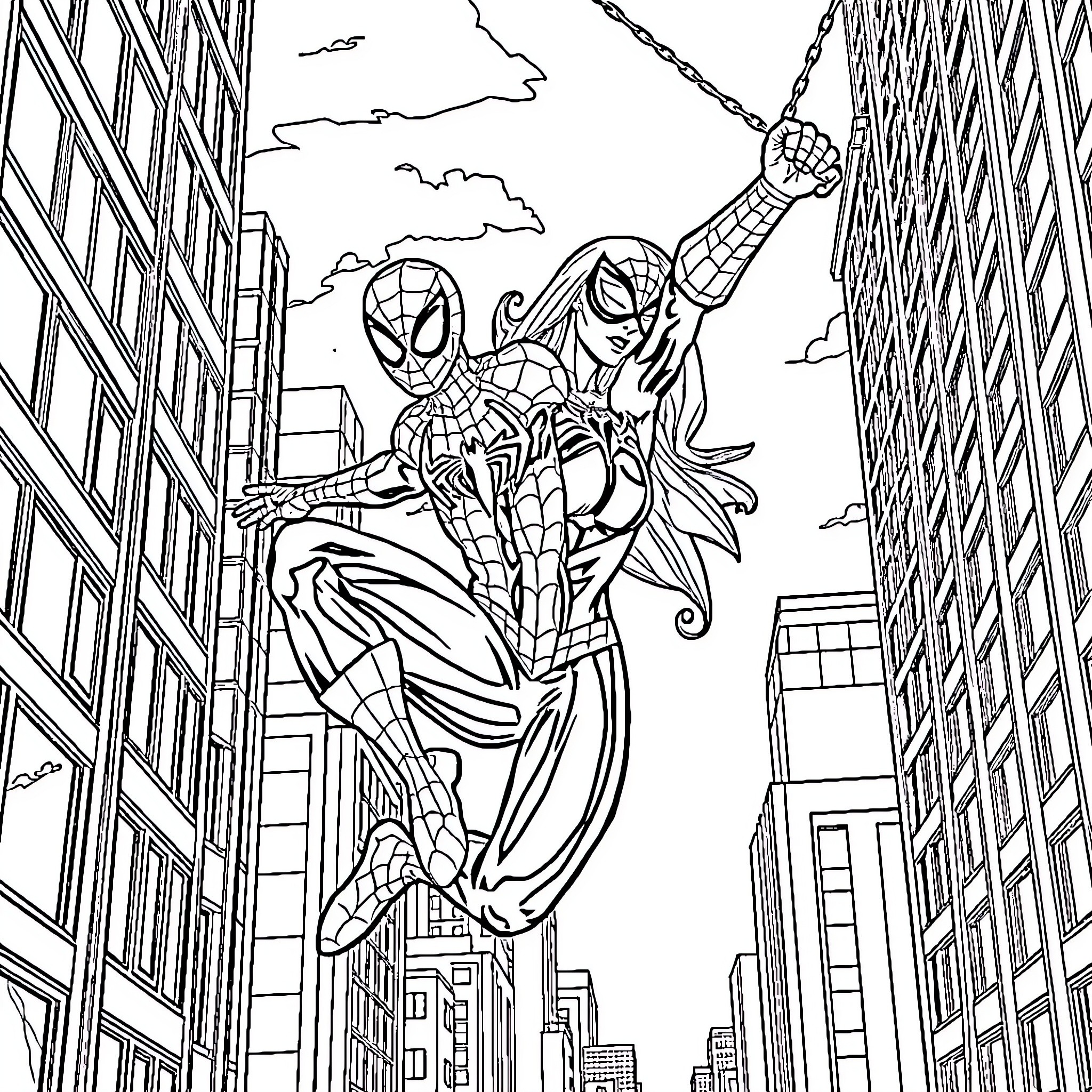 Spider-heroes swinging through the city skyline Coloring Page (free black-and-white line drawing printable PDF for all, from beginners to advanced learners, including children, teens, adults, and seniors)