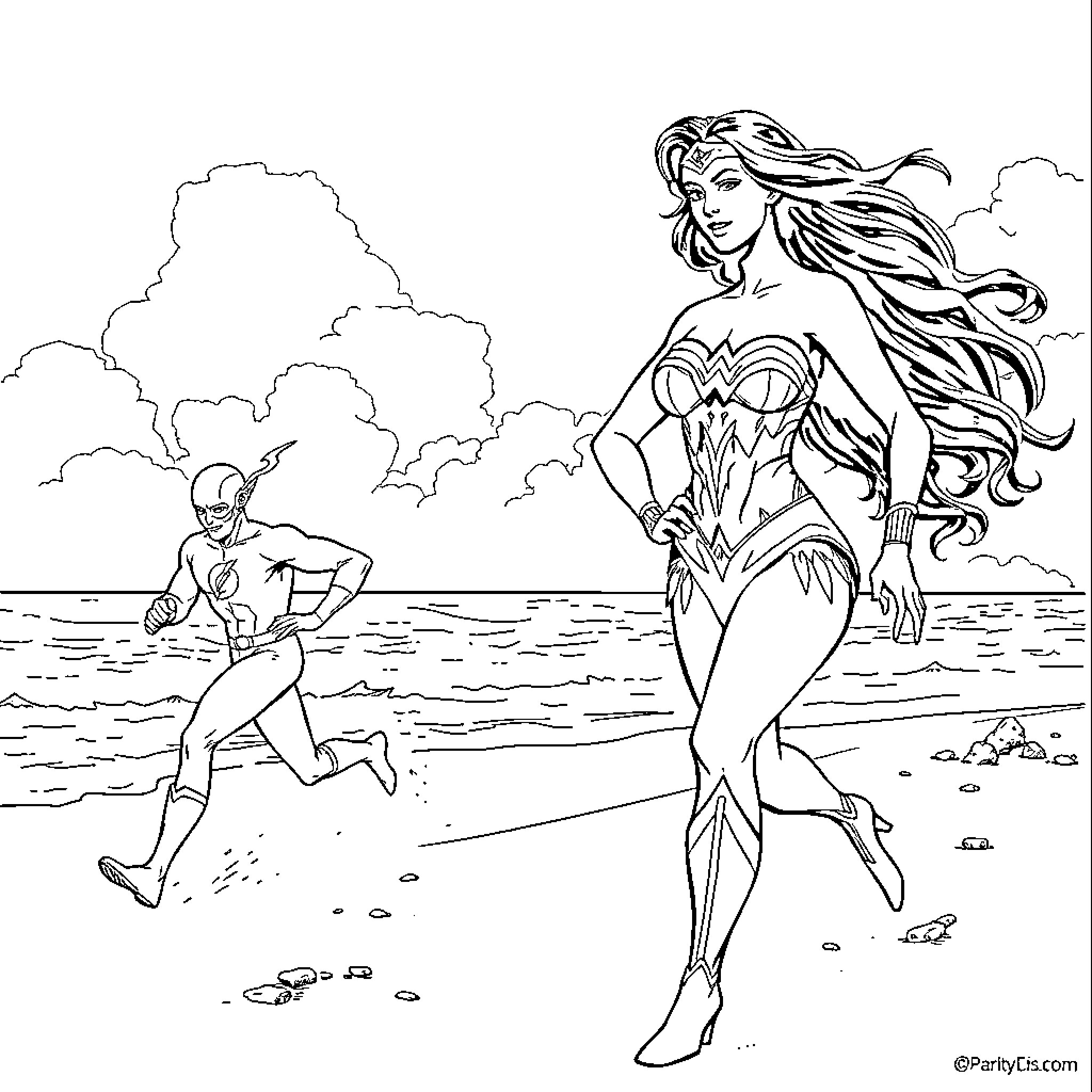 Wonder Woman's heroic stance on the beach Coloring Page (free black-and-white line drawing printable PDF for all, from beginners to advanced learners, including children, teens, adults, and seniors)