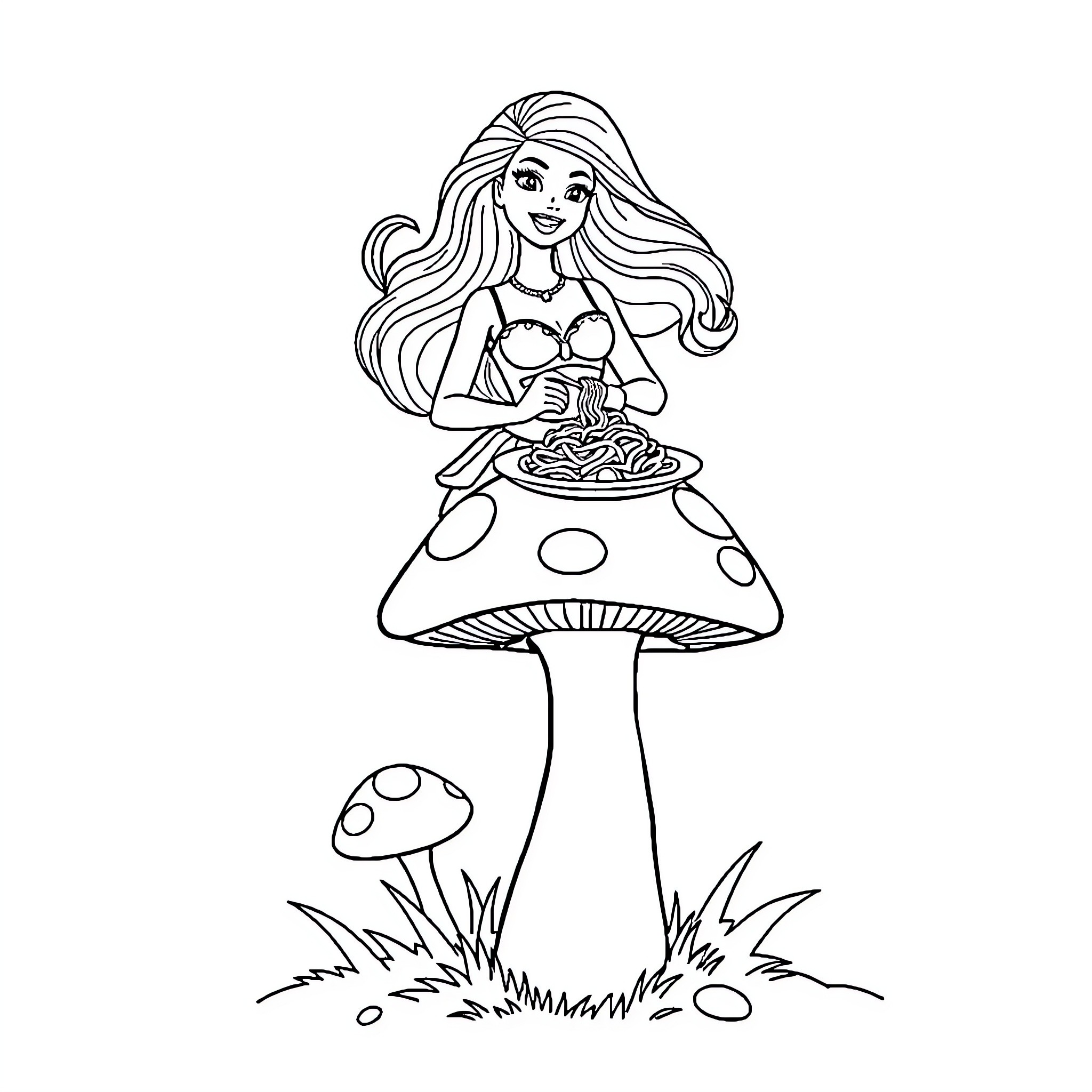 Barbie enjoying a picnic on a mushroom Coloring Page (free black-and-white line drawing printable PDF for all, from beginners to advanced learners, including children, teens, adults, and seniors)