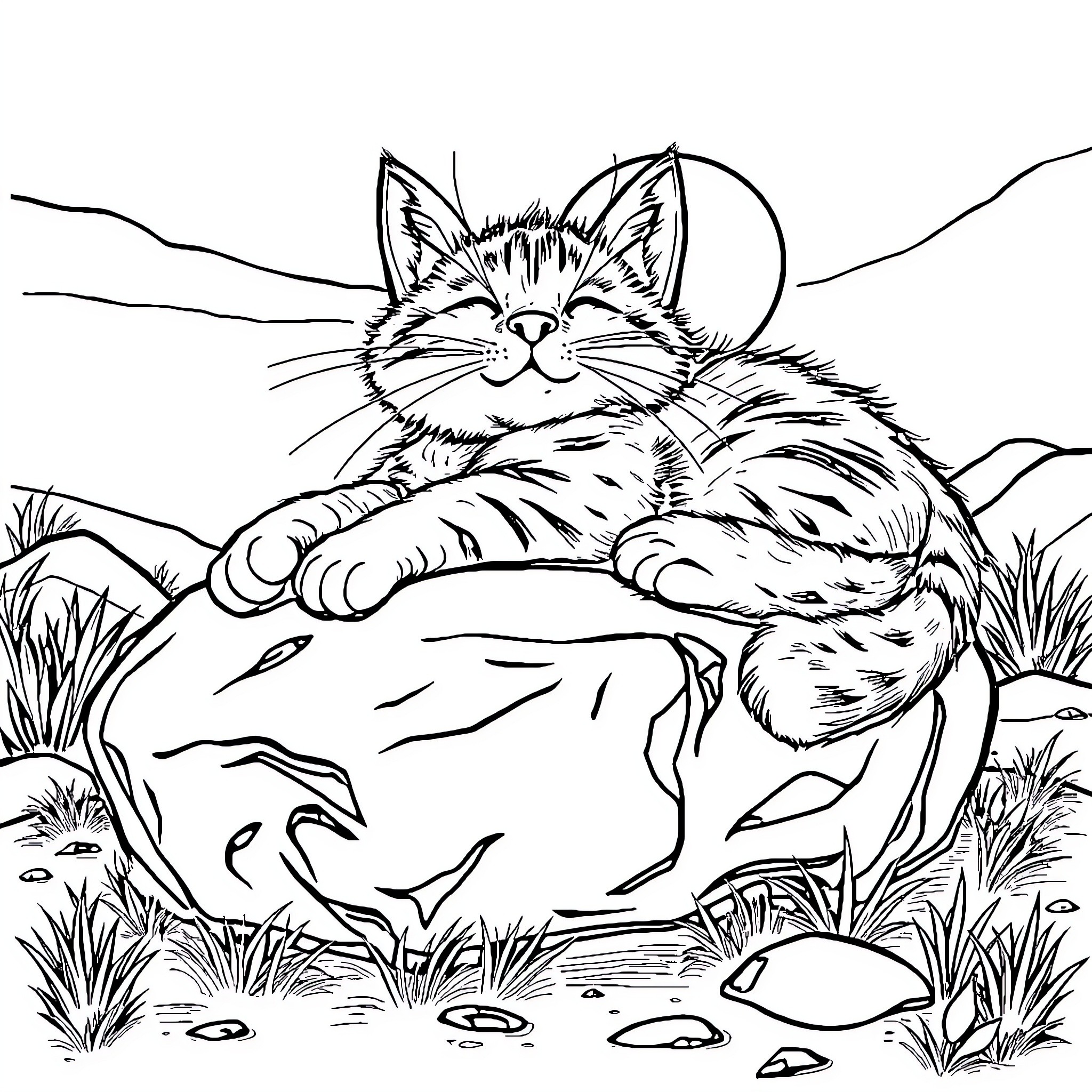 Cat resting peacefully in nature Coloring Page (free black-and-white line drawing printable PDF for all, from beginners to advanced learners, including children, teens, adults, and seniors)