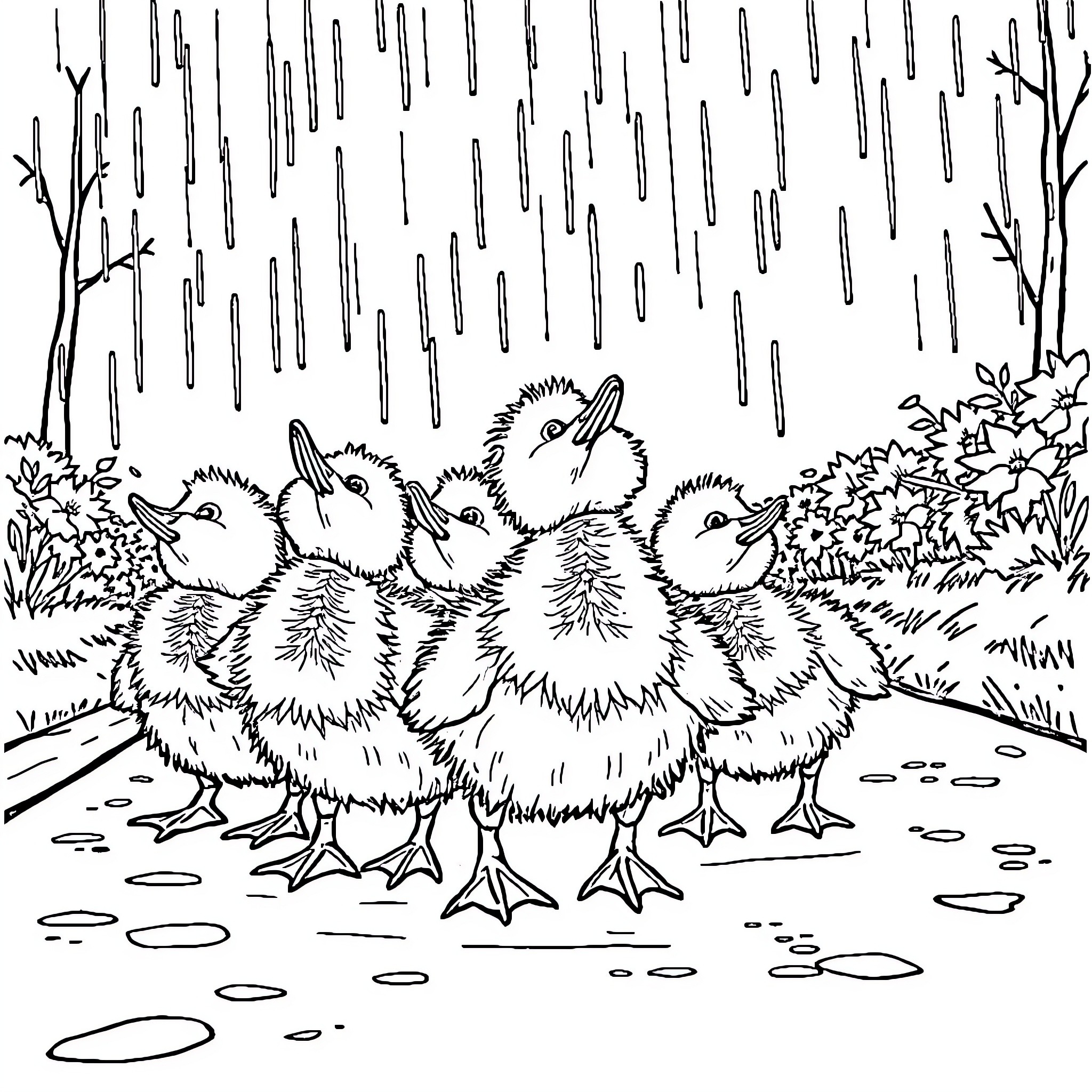 Duck Ducklings Huddled Together in the Rain Coloring Page (free black-and-white line drawing printable PDF for all, from beginners to advanced learners, including children, teens, adults, and seniors)