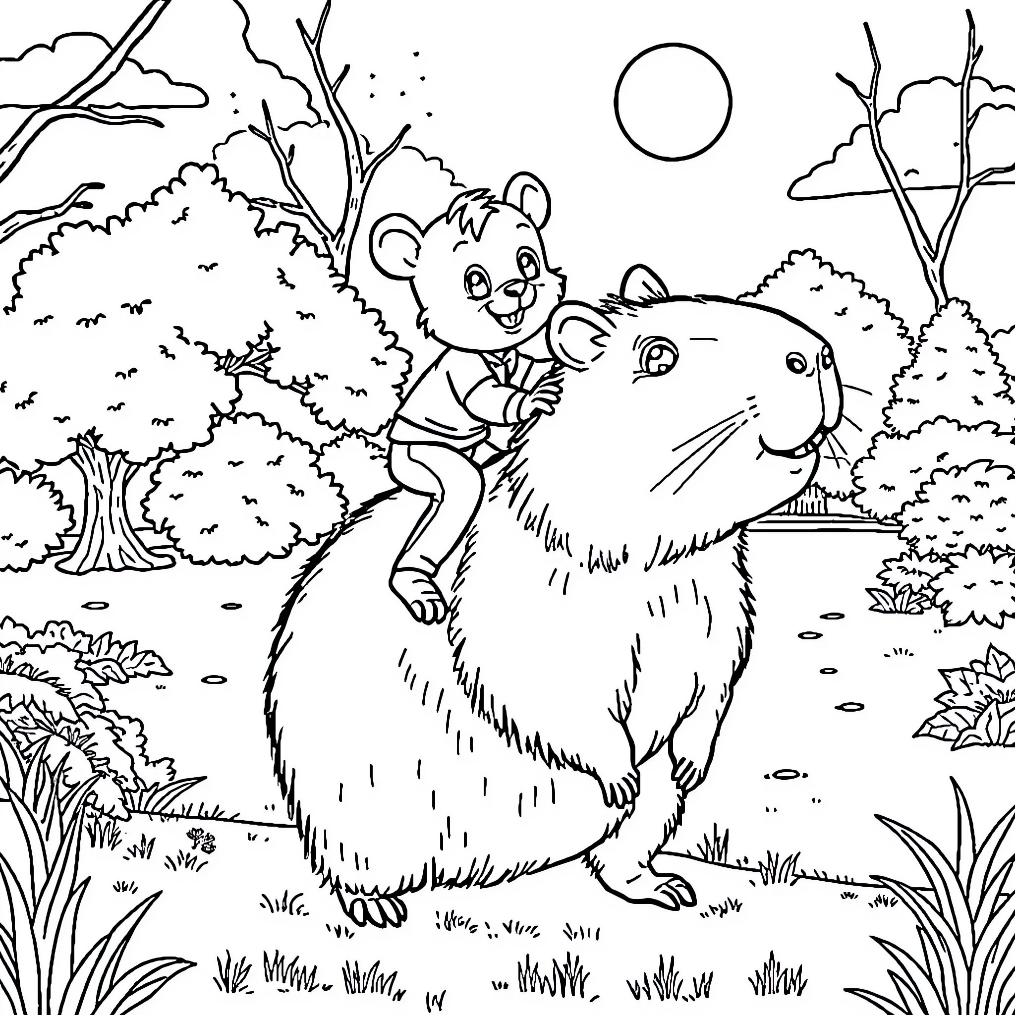 Gizmo and the Friendly Forest Creature Coloring Page (free black-and-white line drawing printable PDF for all, from beginners to advanced learners, including children, teens, adults, and seniors)
