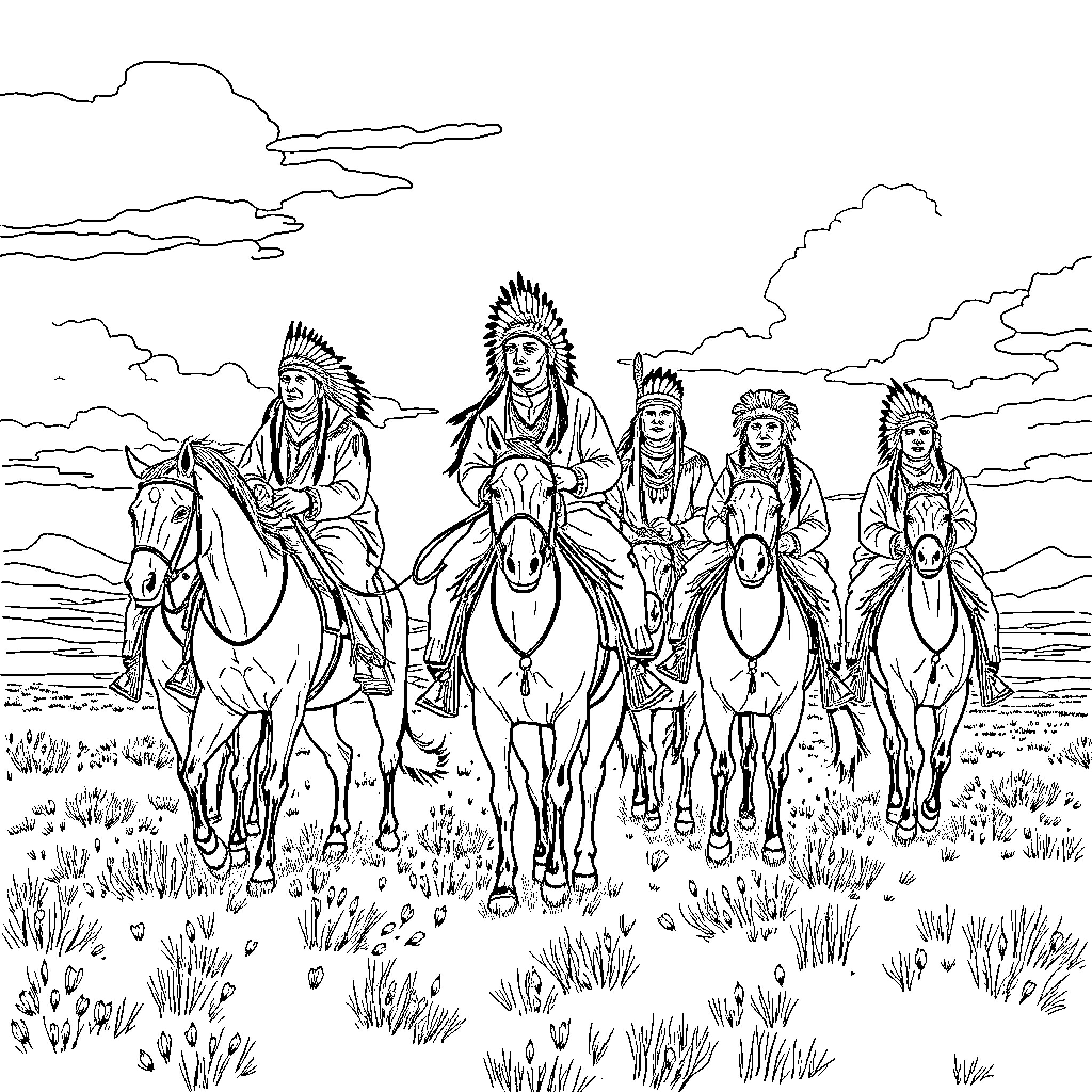 Chief Tribe Riding Horses in Wilderness Coloring Page (free black-and-white line drawing printable PDF for all, from beginners to advanced learners, including children, teens, adults, and seniors)