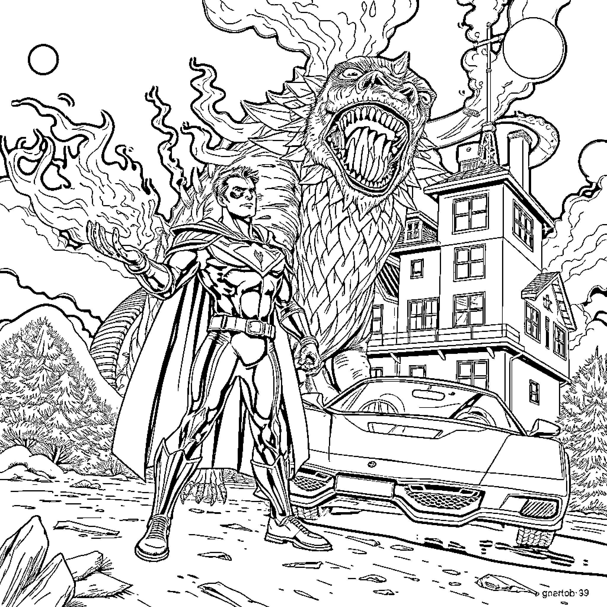 Superhero Confronting Monstrous Threat in Urban Landscape Coloring Page (free black-and-white line drawing printable PDF for all, from beginners to advanced learners, including children, teens, adults, and seniors)