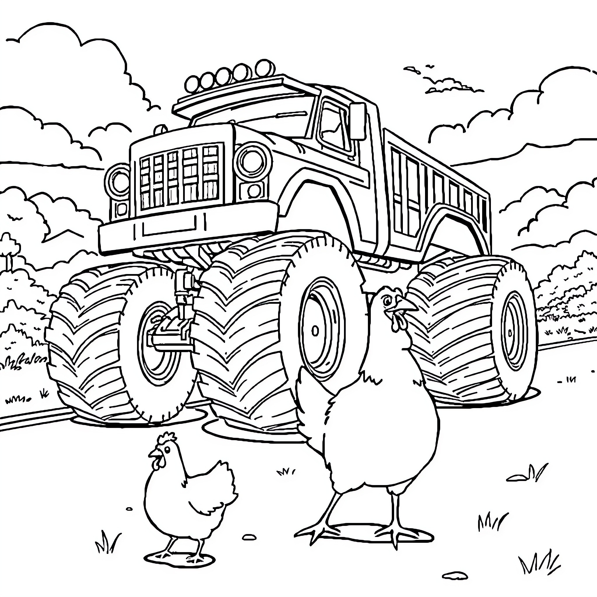 Monster Truck Driving Through the Countryside Coloring Page (free black-and-white line drawing printable PDF for all, from beginners to advanced learners, including children, teens, adults, and seniors)