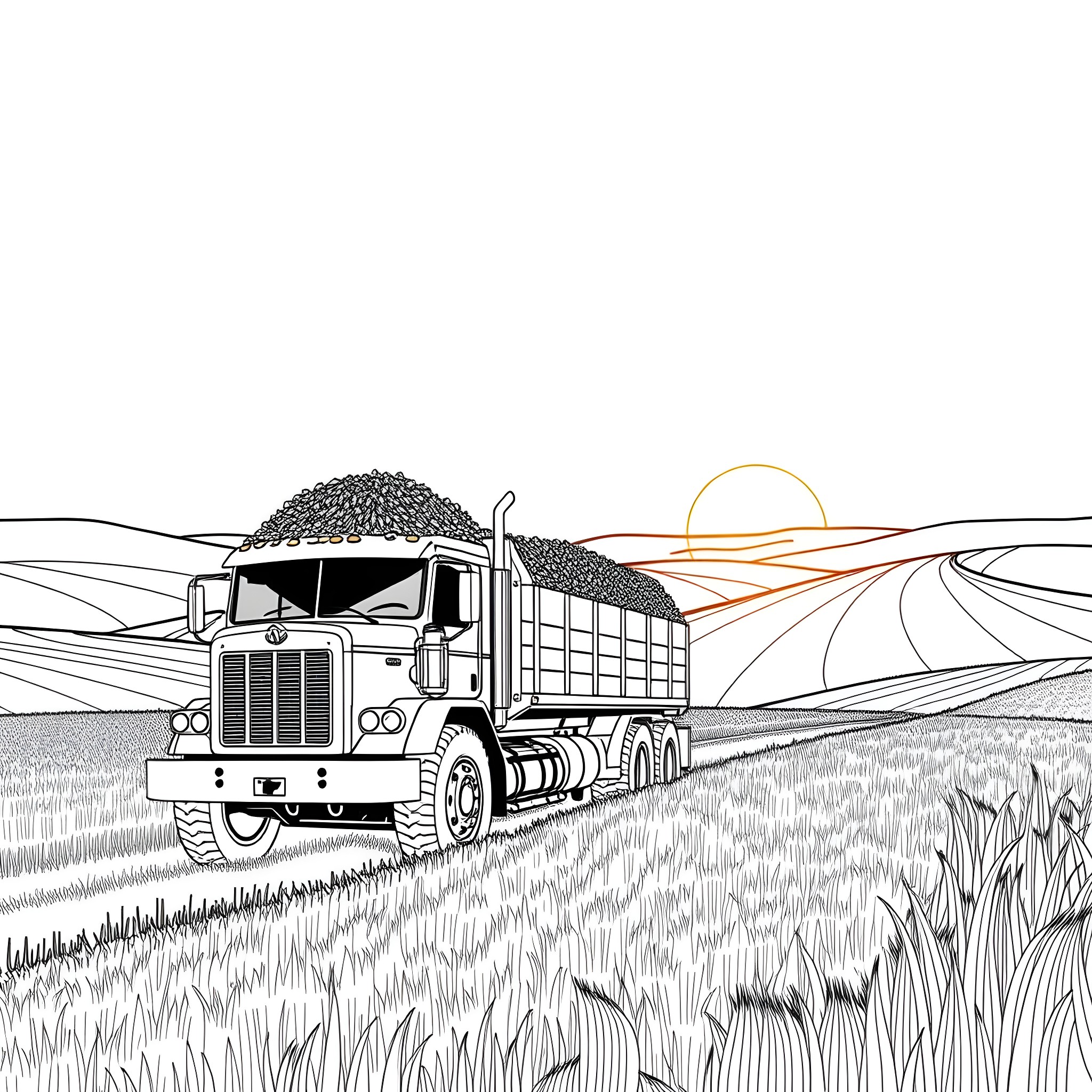 Grain Truck Transporting Harvest in Countryside Landscape Coloring Page (free black-and-white line drawing printable PDF for all, from beginners to advanced learners, including children, teens, adults, and seniors)