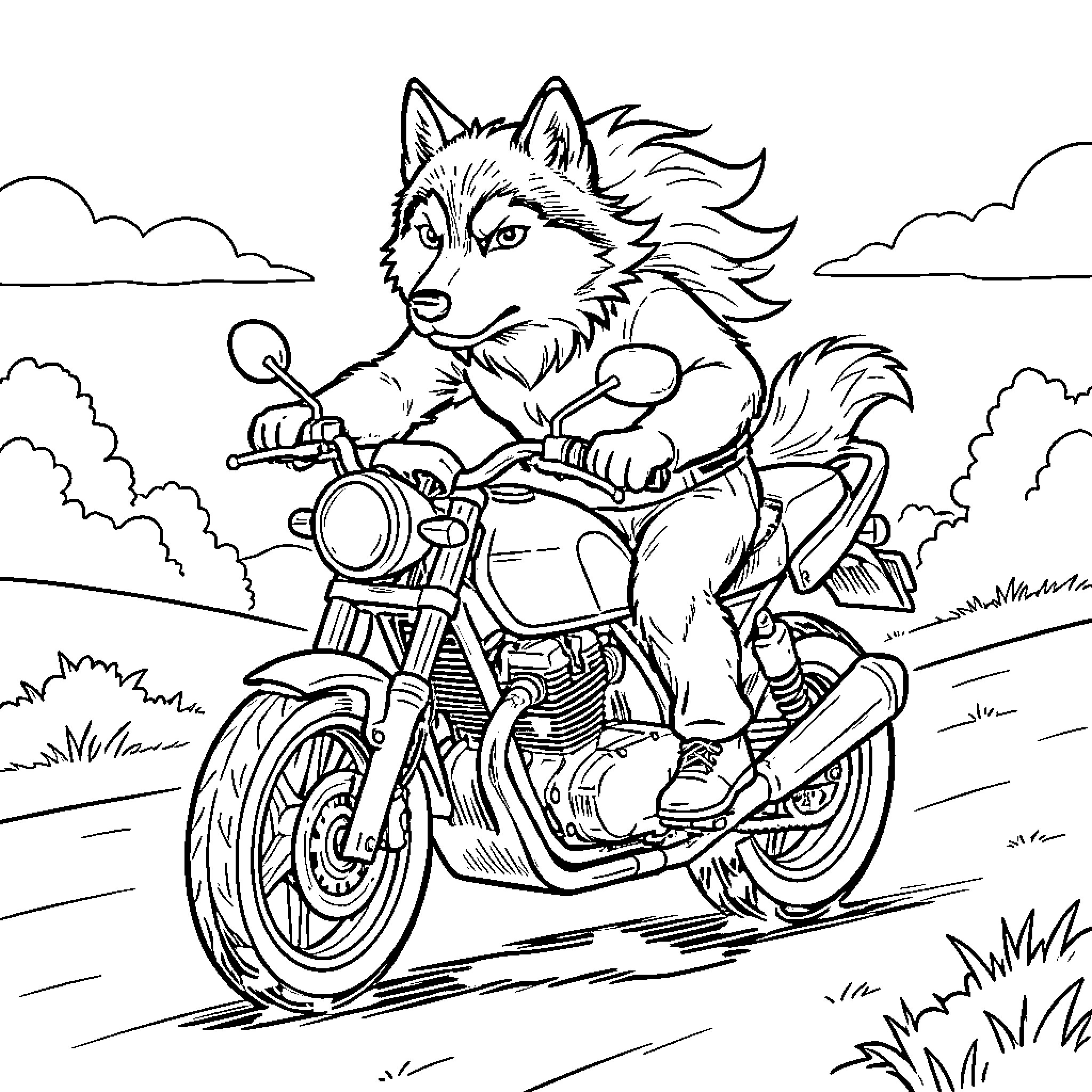 Husky riding a motorcycle through a countryside landscape Coloring Page (free black-and-white line drawing printable PDF for all, from beginners to advanced learners, including children, teens, adults, and seniors)