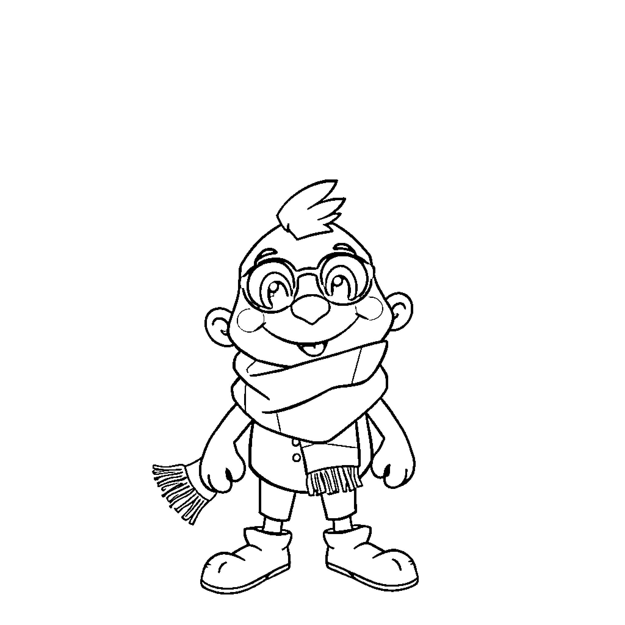Billy la Bufanda's Playful Attire and Cheerful Disposition Coloring Page (free black-and-white line drawing printable PDF for all, from beginners to advanced learners, including children, teens, adults, and seniors)