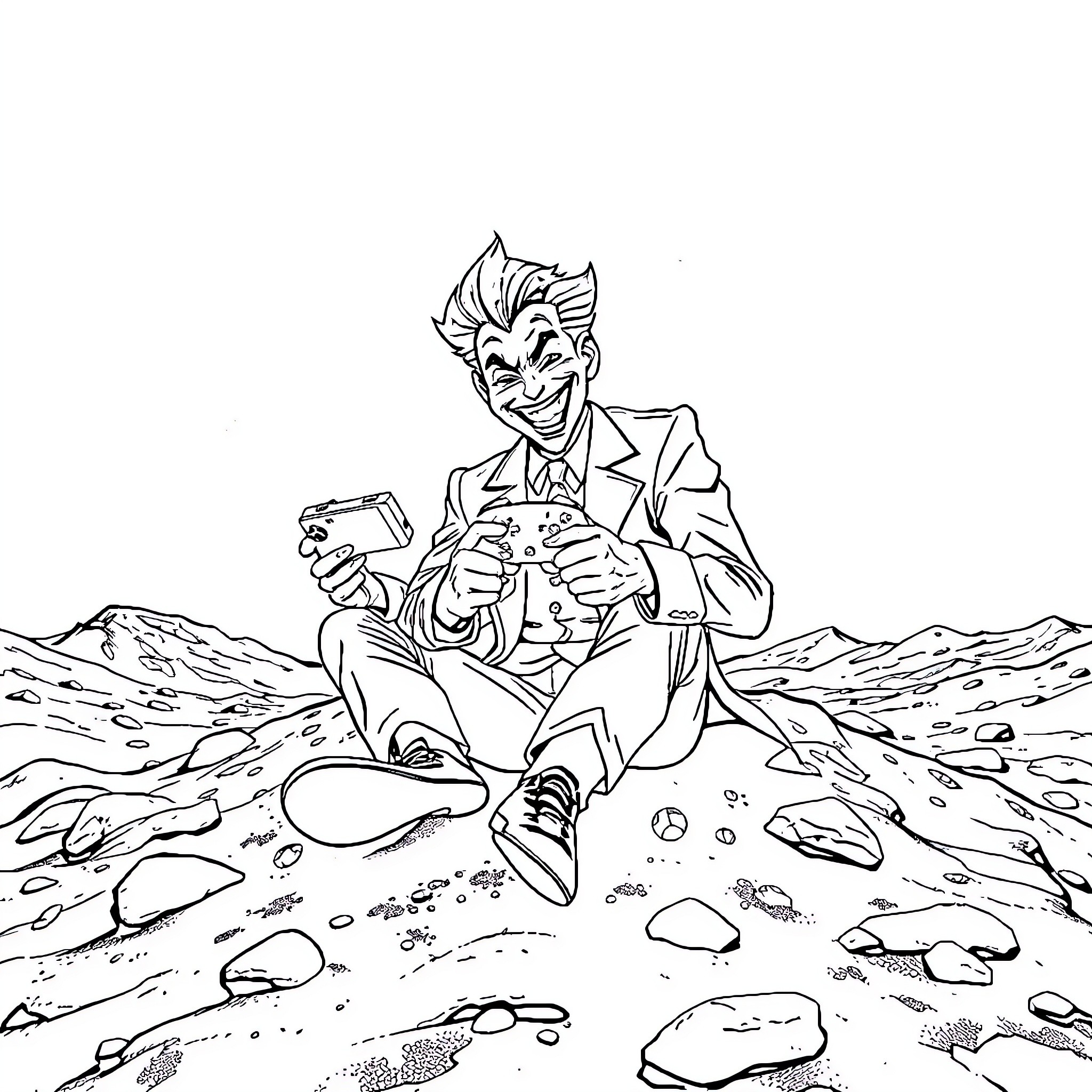 Joker playing happily with video game controller on rocky terrain Coloring Page (free black-and-white line drawing printable PDF for all, from beginners to advanced learners, including children, teens, adults, and seniors)
