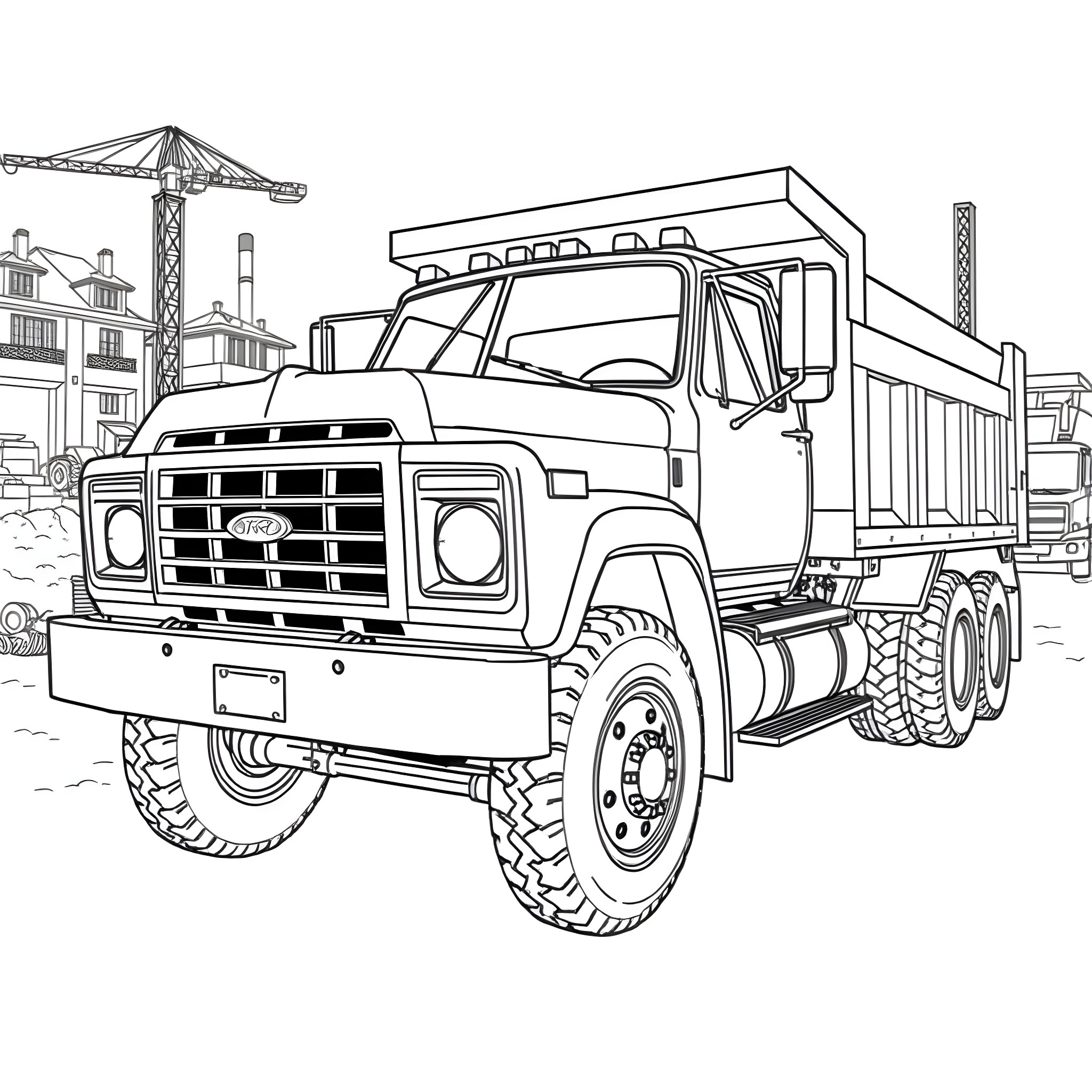 Ford Heavy-Duty Dump Truck on Construction Site Coloring Page (free black-and-white line drawing printable PDF for all, from beginners to advanced learners, including children, teens, adults, and seniors)