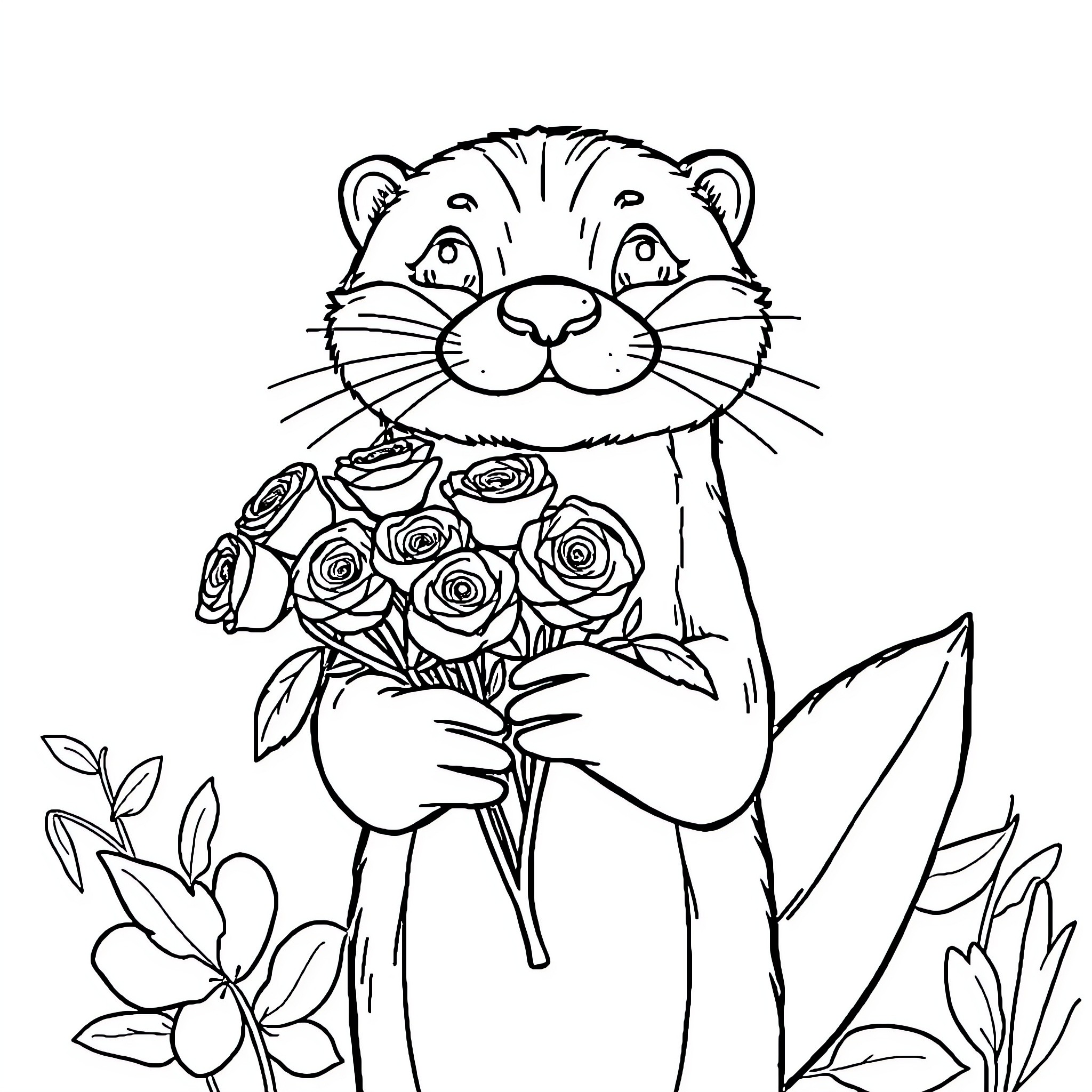 Otter holding a bouquet of roses Coloring Page (free black-and-white line drawing printable PDF for all, from beginners to advanced learners, including children, teens, adults, and seniors)