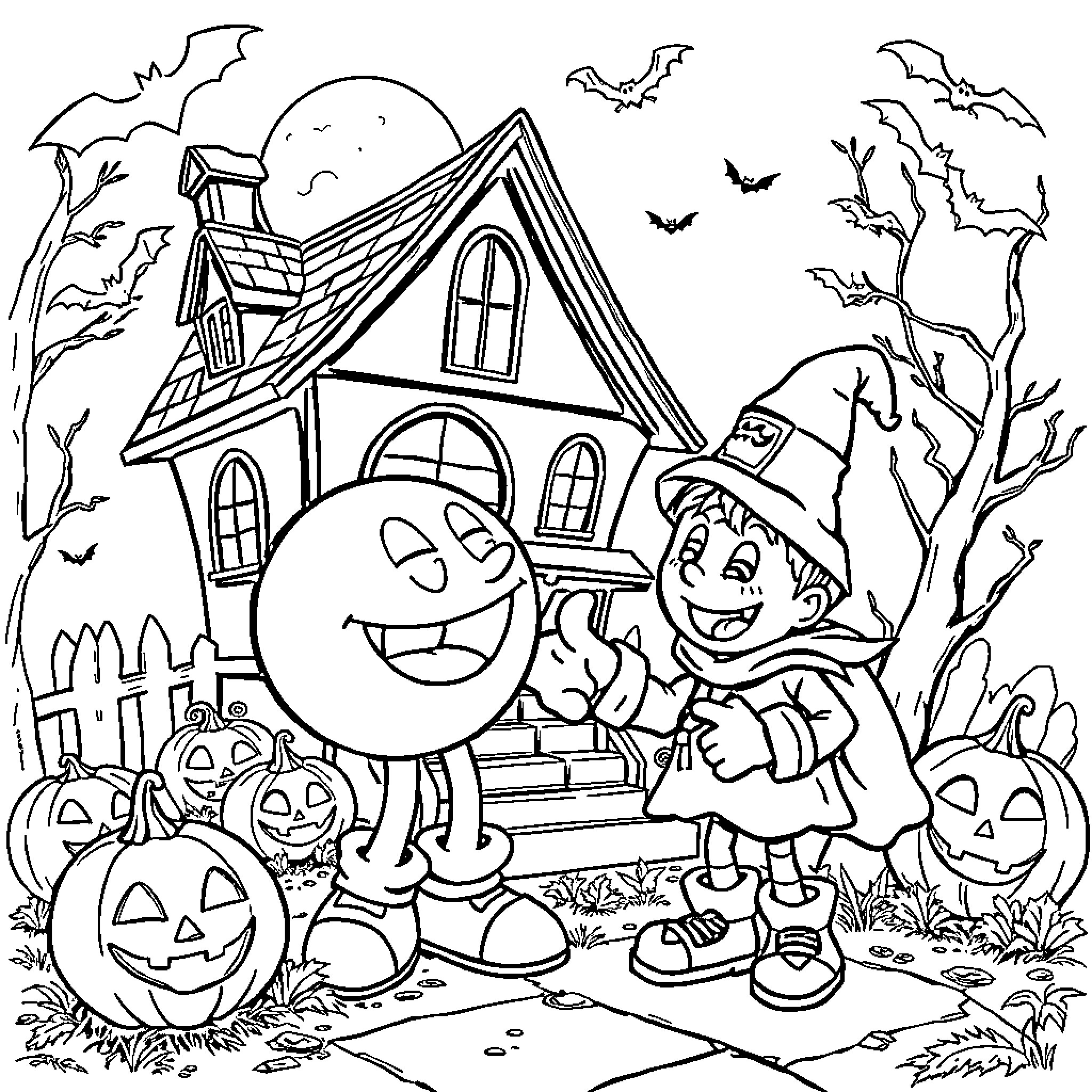 Pacman characters celebrate Halloween in front of haunted house Coloring Page (free black-and-white line drawing printable PDF for all, from beginners to advanced learners, including children, teens, adults, and seniors)