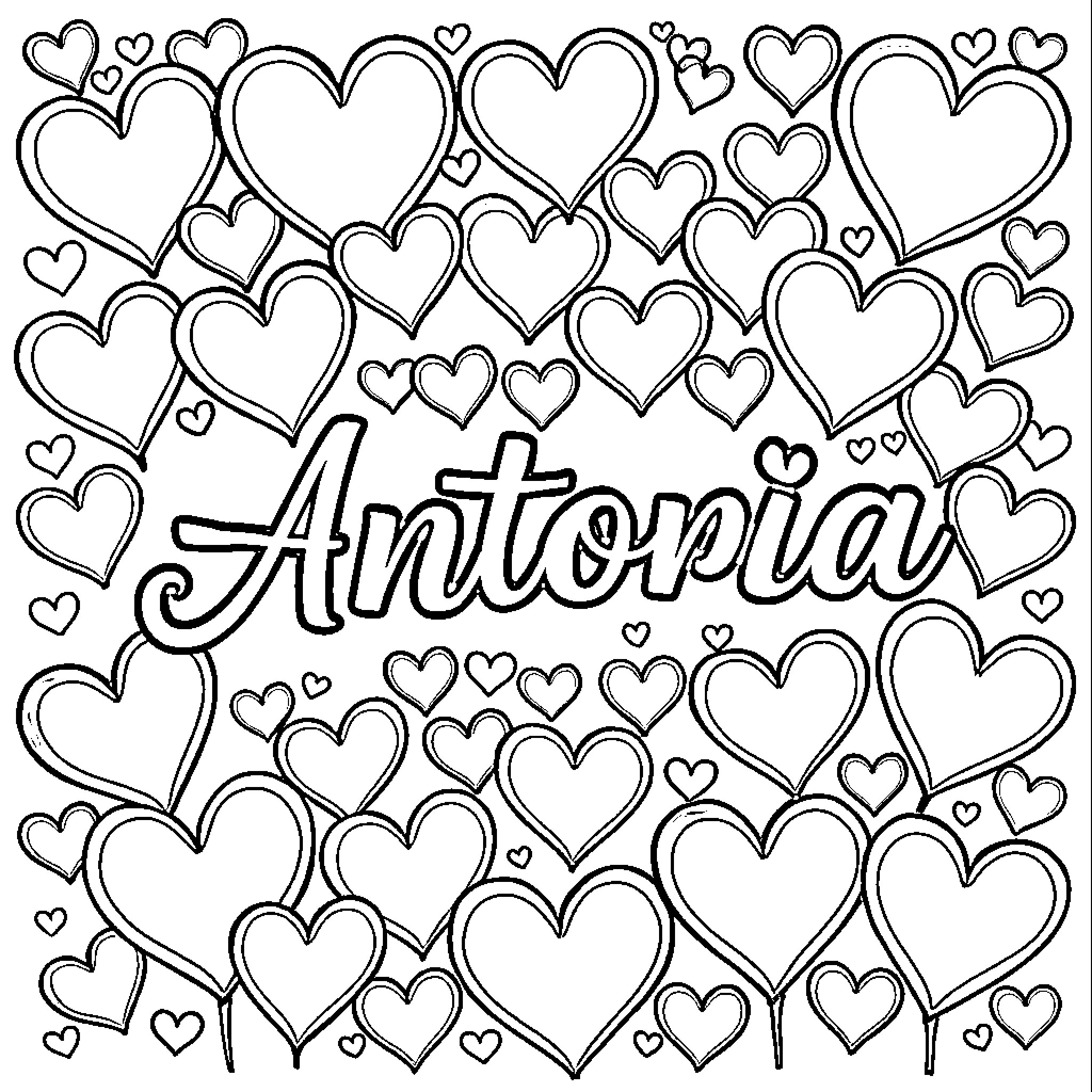 Heart-shaped expressions of Antonia Coloring Page (free black-and-white line drawing printable PDF for all, from beginners to advanced learners, including children, teens, adults, and seniors)