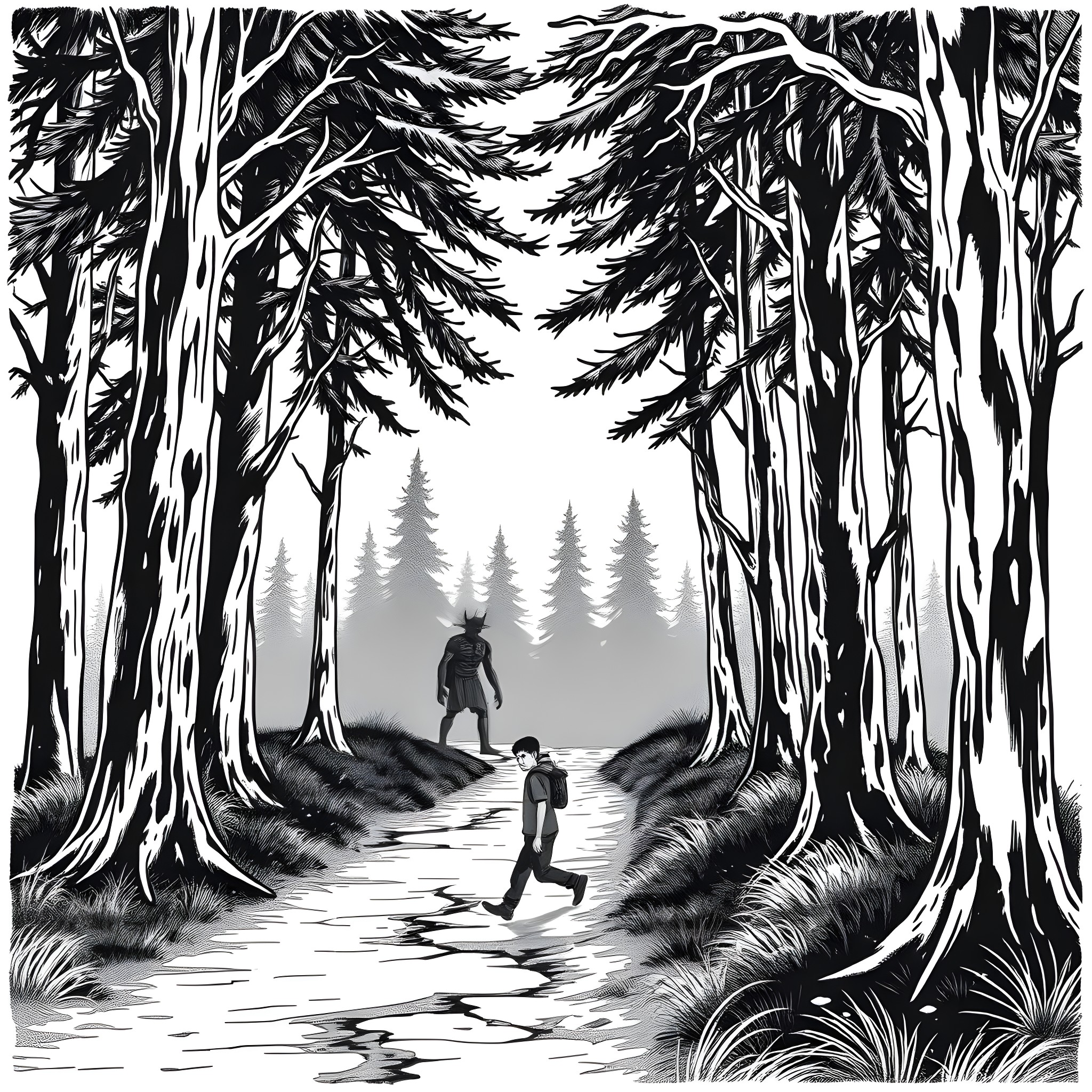 Wendigo stalking prey in the dark forest Coloring Page (free black-and-white line drawing printable PDF for all, from beginners to advanced learners, including children, teens, adults, and seniors)