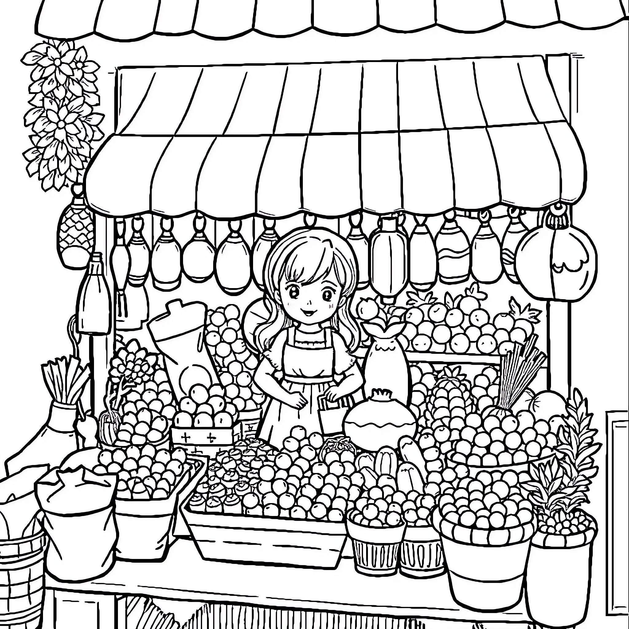 Bobbie's Vibrant Fruit and Flower Market Coloring Page (free black-and-white line drawing printable PDF for all, from beginners to advanced learners, including children, teens, adults, and seniors)