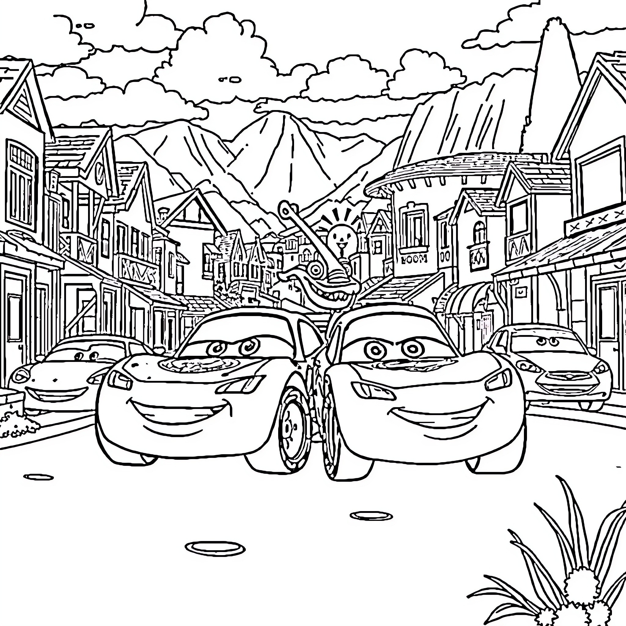 Lightning McQueen and friends explore the town Coloring Page (free black-and-white line drawing printable PDF for all, from beginners to advanced learners, including children, teens, adults, and seniors)