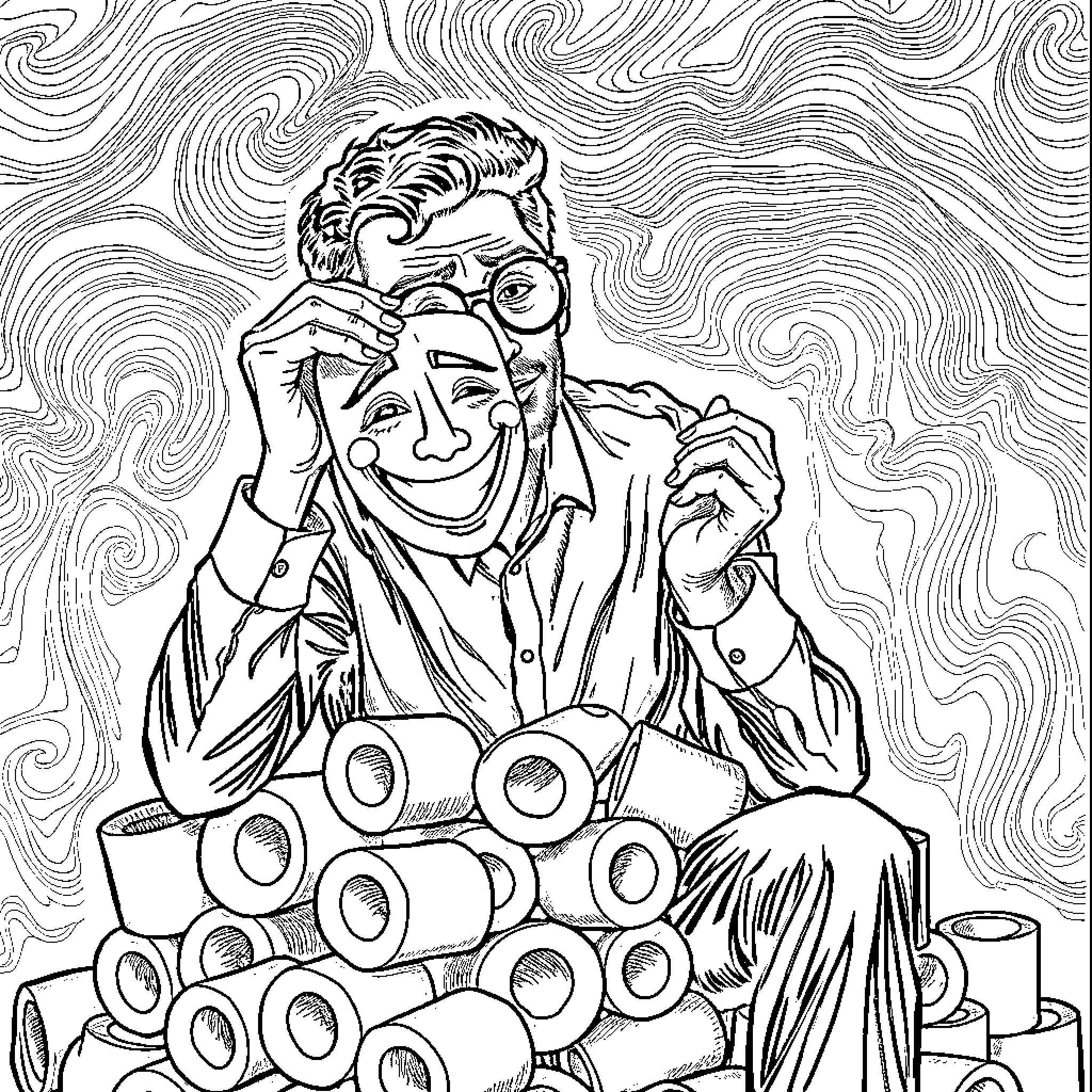 Man stockpiling toilet paper amid crisis Coloring Page (free black-and-white line drawing printable PDF for all, from beginners to advanced learners, including children, teens, adults, and seniors)