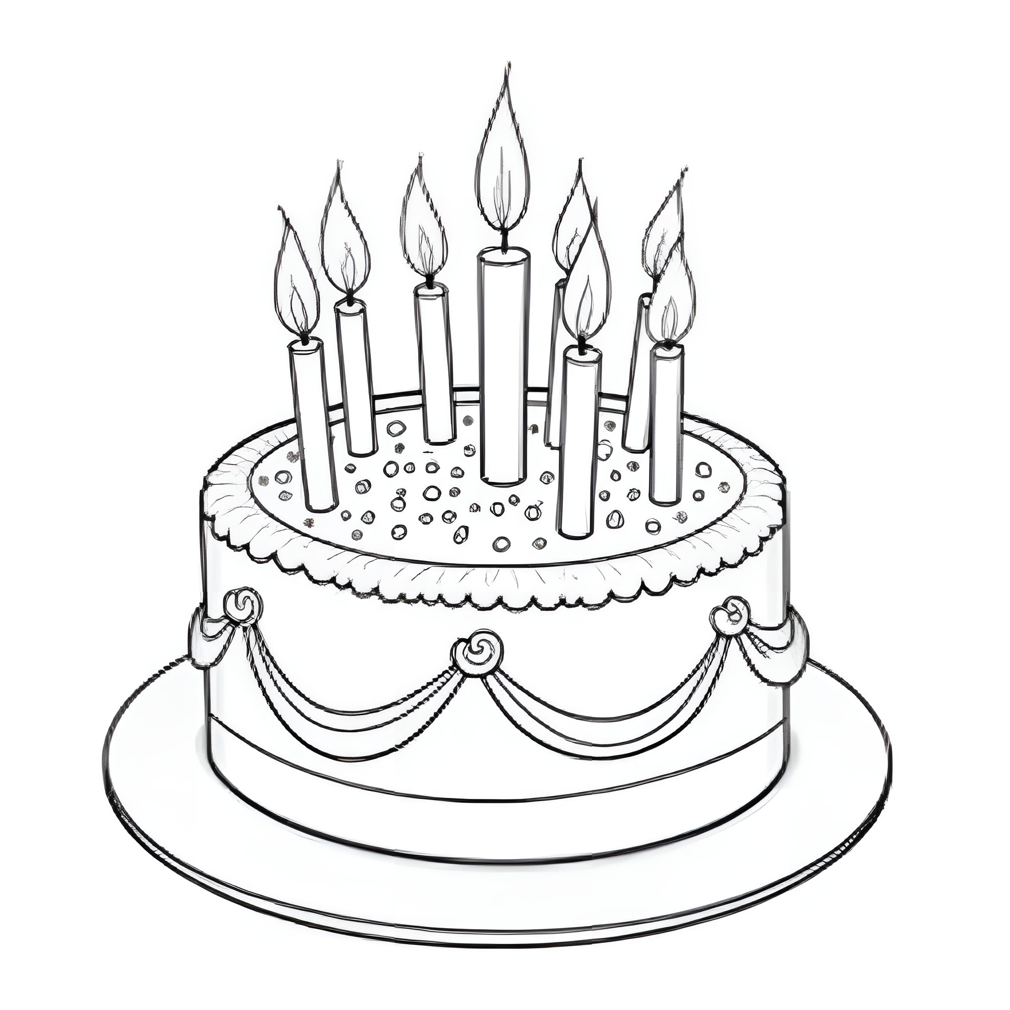 Cake with Lit Candles Coloring Page (free black-and-white line drawing printable PDF for all, from beginners to advanced learners, including children, teens, adults, and seniors)
