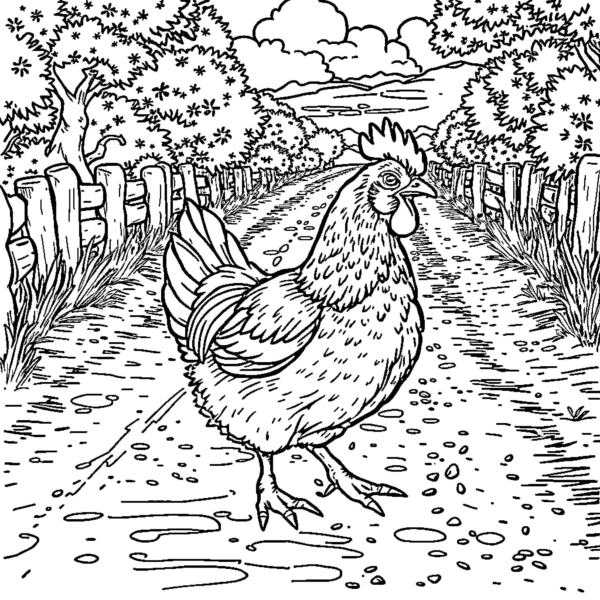 Chicken walking along a country path Coloring Page (free black-and-white line drawing printable PDF for all, from beginners to advanced learners, including children, teens, adults, and seniors)
