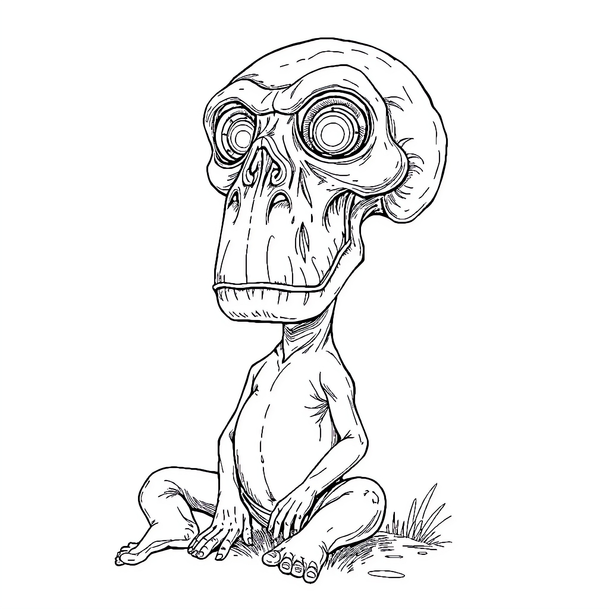 Giant Head of Bizarre Creature Coloring Page (free black-and-white line drawing printable PDF for all, from beginners to advanced learners, including children, teens, adults, and seniors)