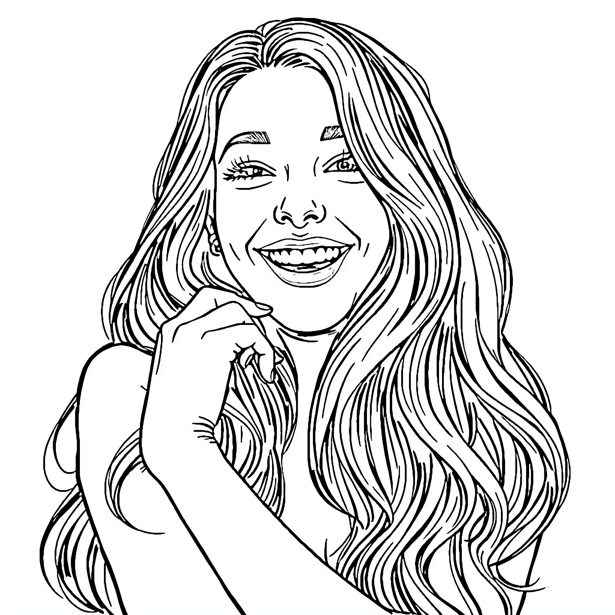 Sydney Sweeney smiling joyfully with long flowing hair Coloring Page (free black-and-white line drawing printable PDF for all, from beginners to advanced learners, including children, teens, adults, and seniors)