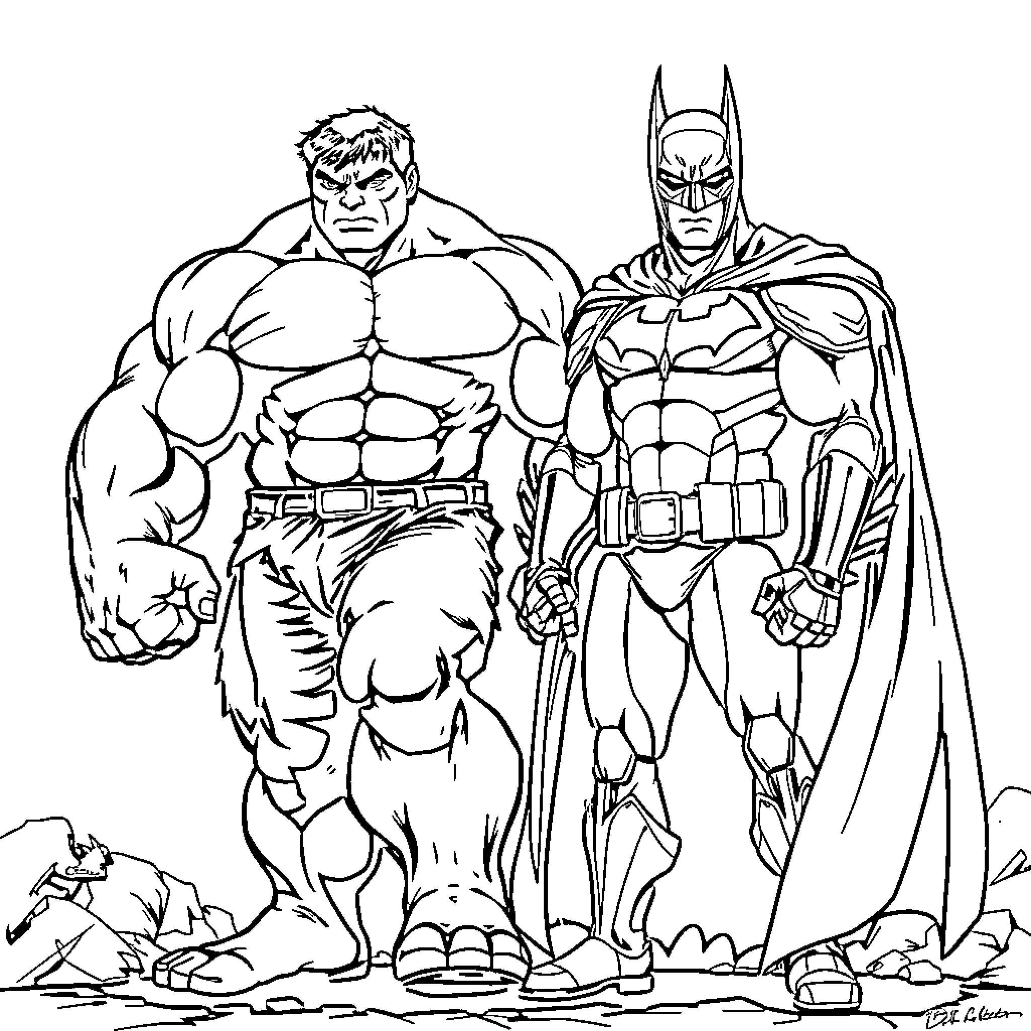 Hulk and Batman Standing Tall in Action Poses Coloring Page (free black-and-white line drawing printable PDF for all, from beginners to advanced learners, including children, teens, adults, and seniors)