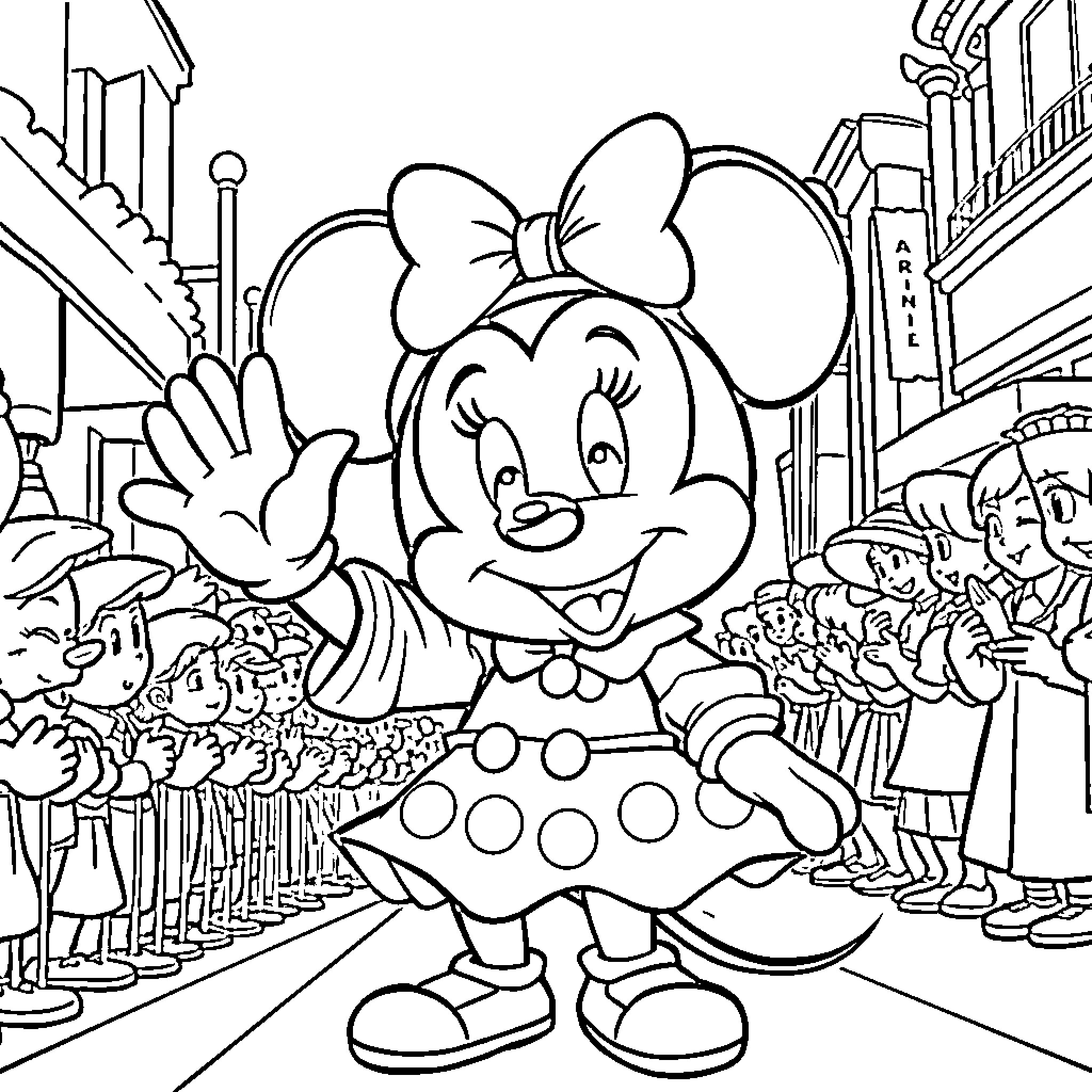 Minnie Mouse waving to her adoring fans Coloring Page (free black-and-white line drawing printable PDF for all, from beginners to advanced learners, including children, teens, adults, and seniors)