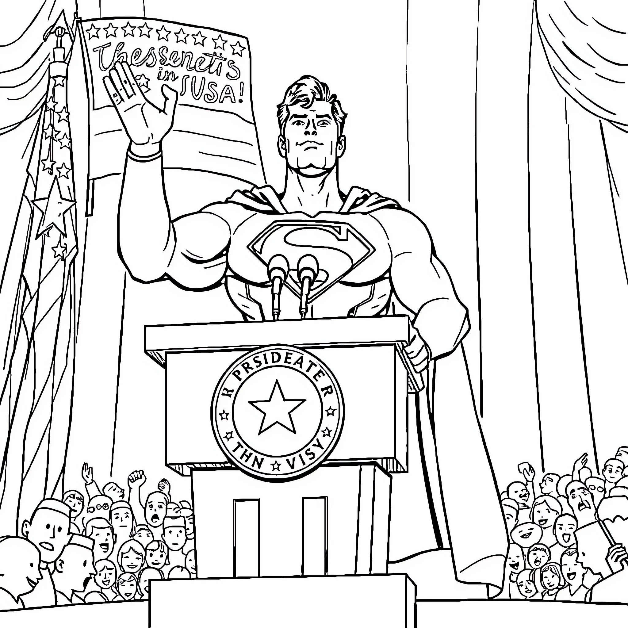 Superman giving a speech to the crowd Coloring Page (free black-and-white line drawing printable PDF for all, from beginners to advanced learners, including children, teens, adults, and seniors)