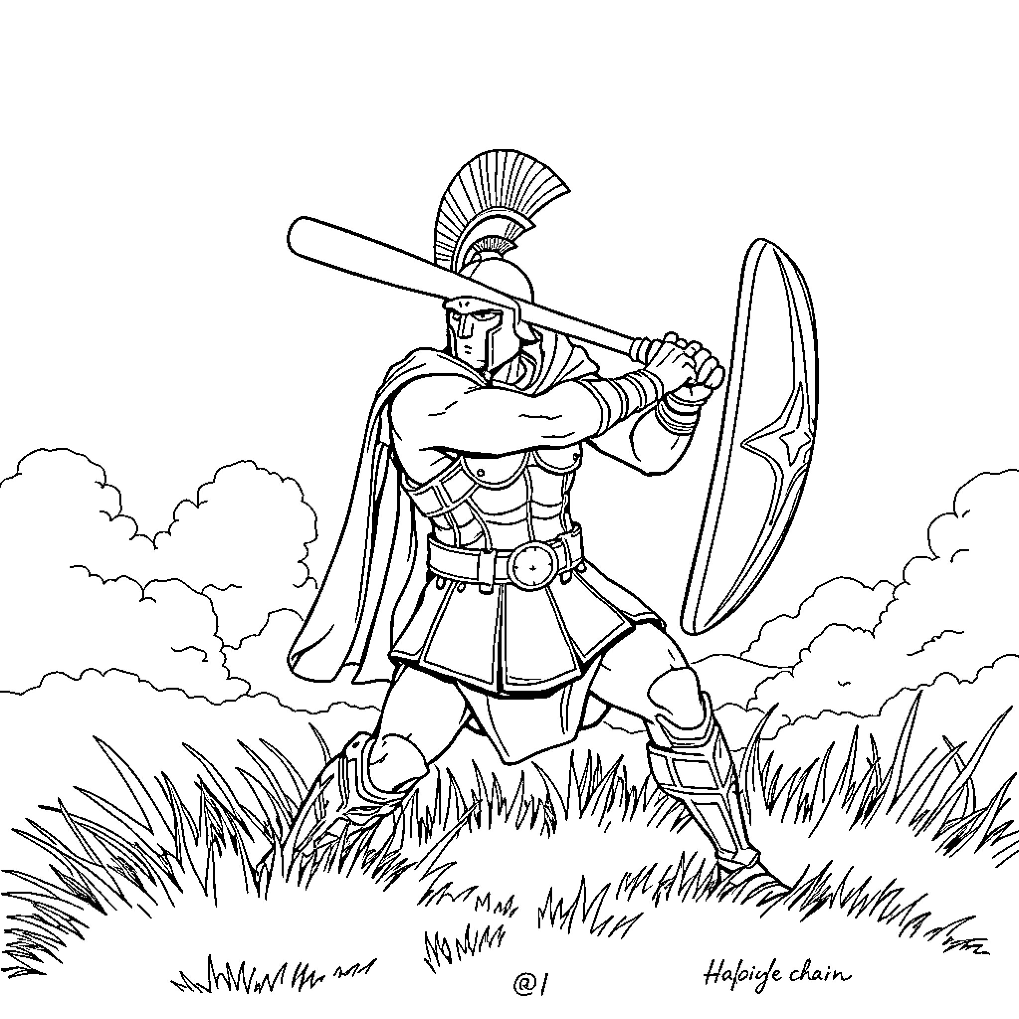 Spartan warrior stands ready for battle Coloring Page (free black-and-white line drawing printable PDF for all, from beginners to advanced learners, including children, teens, adults, and seniors)